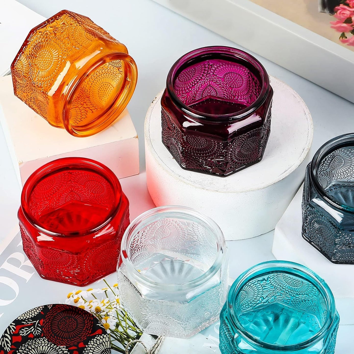 Set of 6 Glass Tea Light Candle Holders with Lid Colored Tea Lights Candles Holders Table Centerpieces for Wedding Party, Glass Votive Candle Holders Wedding Centerpieces