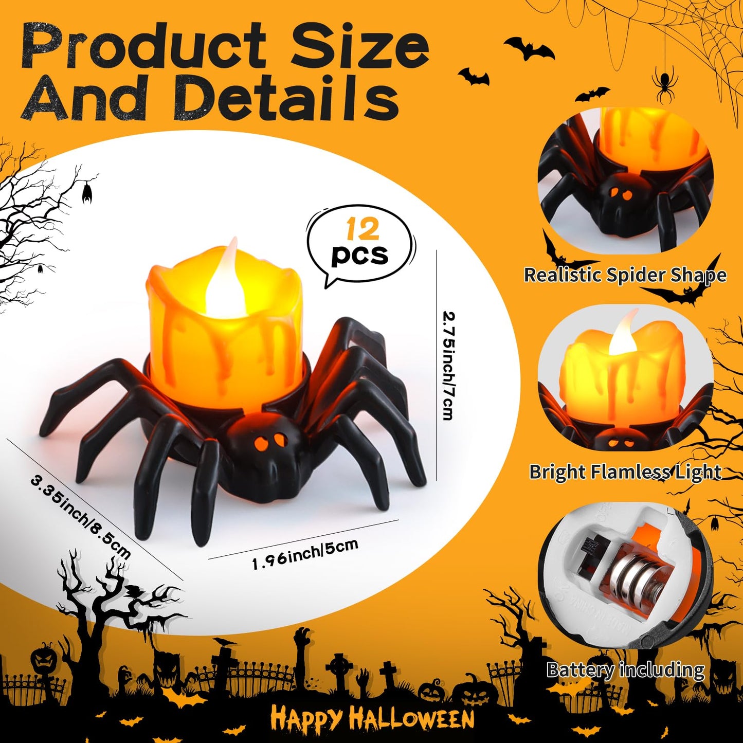 Liomus 12 Packs Halloween Spider Lights,Bright Novelty LED Flameless Spider Candle Tea Lights,Battery Operated Orange Halloween Decor Lights for Halloween Holiday Party Home Spooky Decor