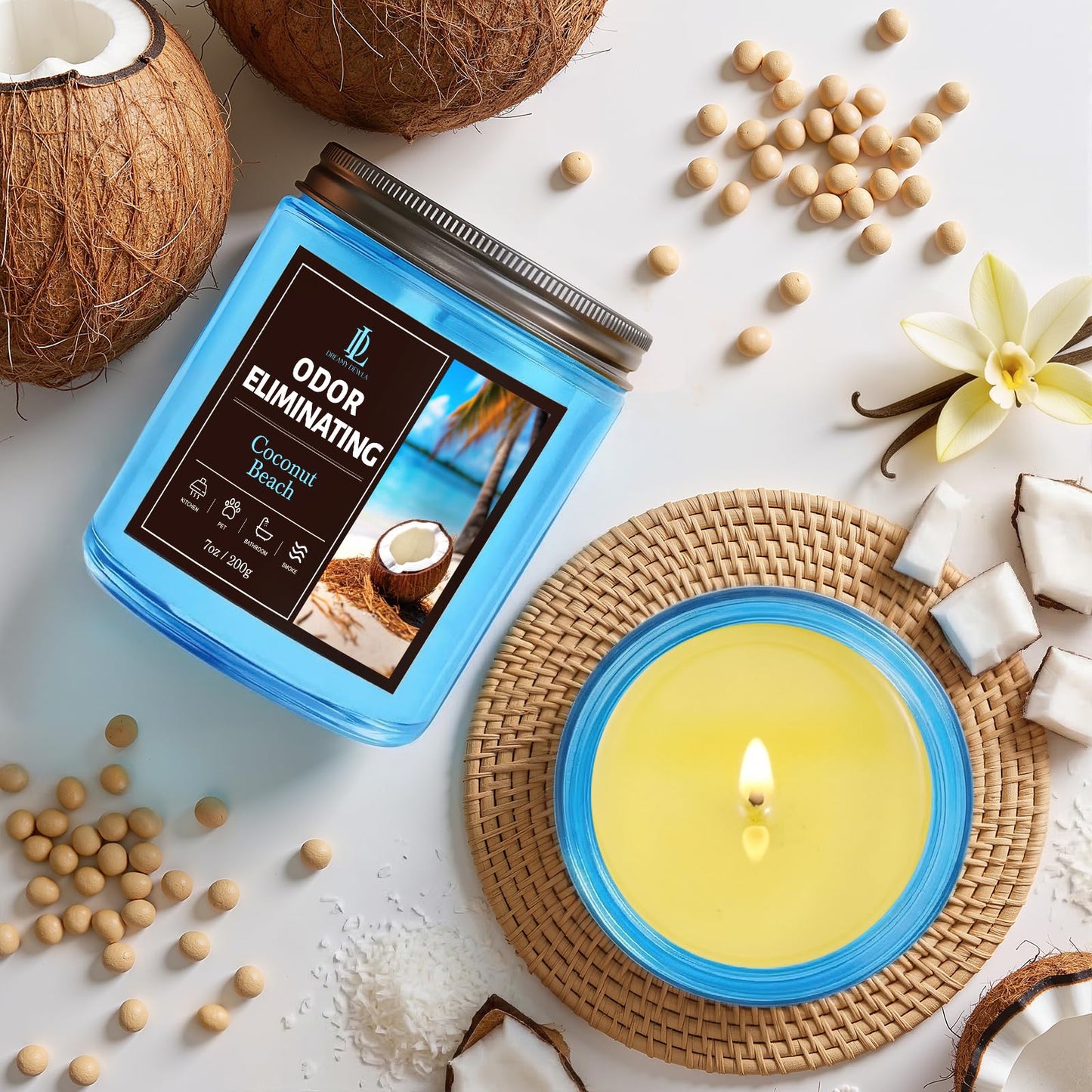 Coconut Beach Odor Eliminating Highly Fragranced Candle, Eliminates 95% of Living Room, Bedroom, Bathroom and Other Smells Quickly, Air Freshing Scented Candles, Soy Candle Gifts for Women Men, 7oz