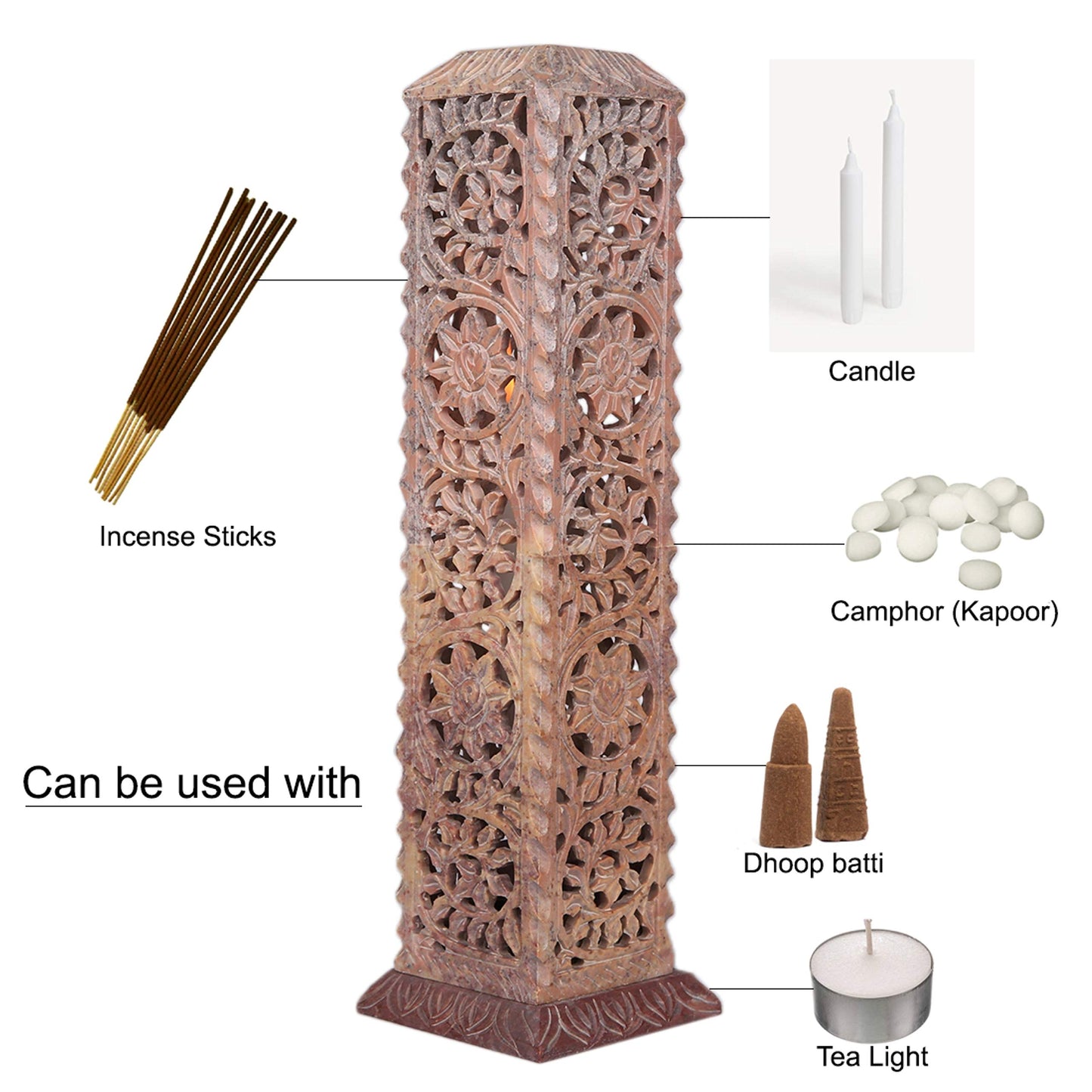 Carry Me Handmade Marble Soapstone Incense Stick Burner | Candle Stick Holder | Tea Light Stand - Floral Carving for Gifting. Decorative Incense Tower for Home and Office Decor. (3x3x11 Inches)