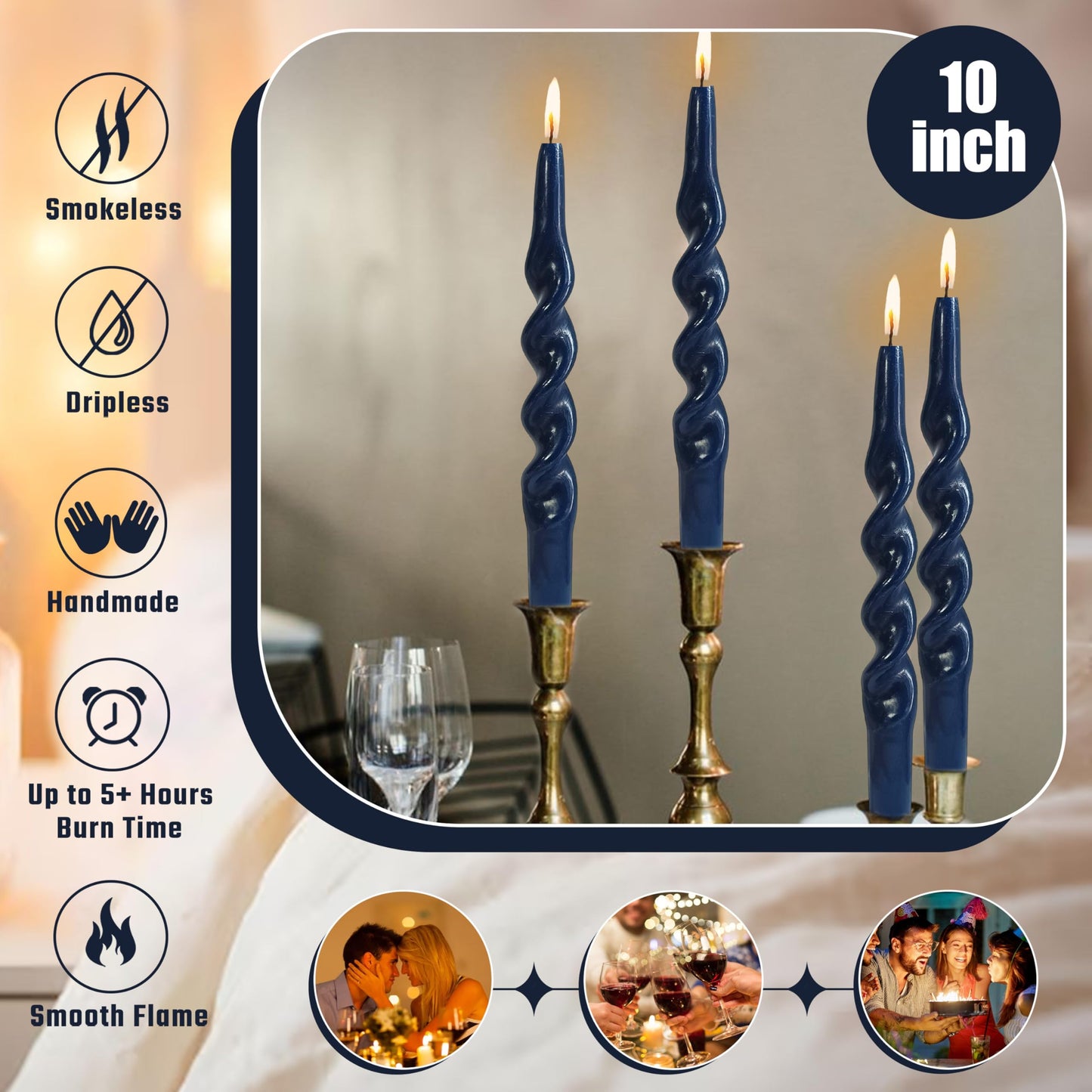 10 Inches Spiral Taper Candles Sticks Navy Blue Twisted Candle Dripless Unscented Long Candles, Handmade Candlesticks for Wedding Dinner Decor, Set of 4