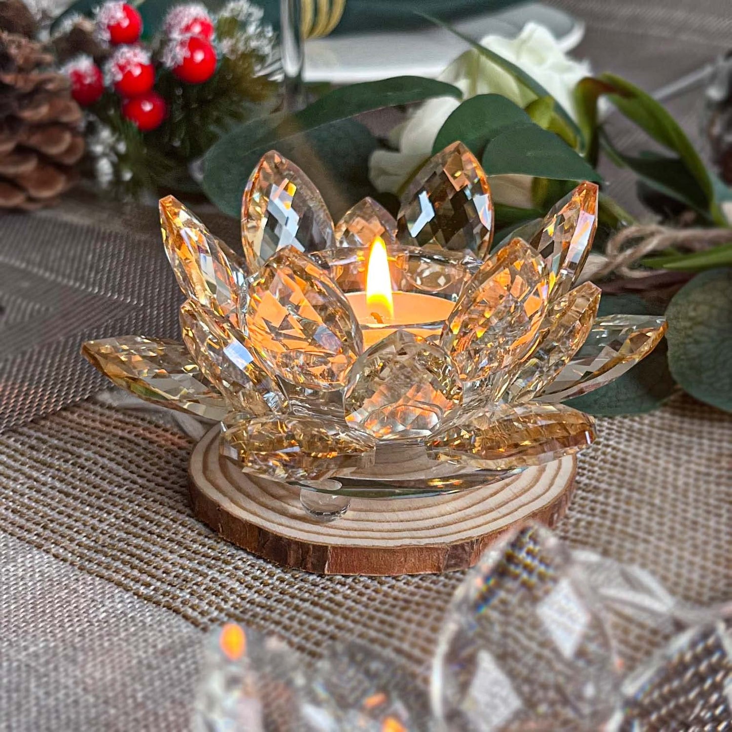 Kolnlala Crystal Lotus Flower Tealight Candle Holders/Glass Tea Light Candlestick Decor Decoration for Christmas Home Wedding Party… (1, Gold 2pcs)