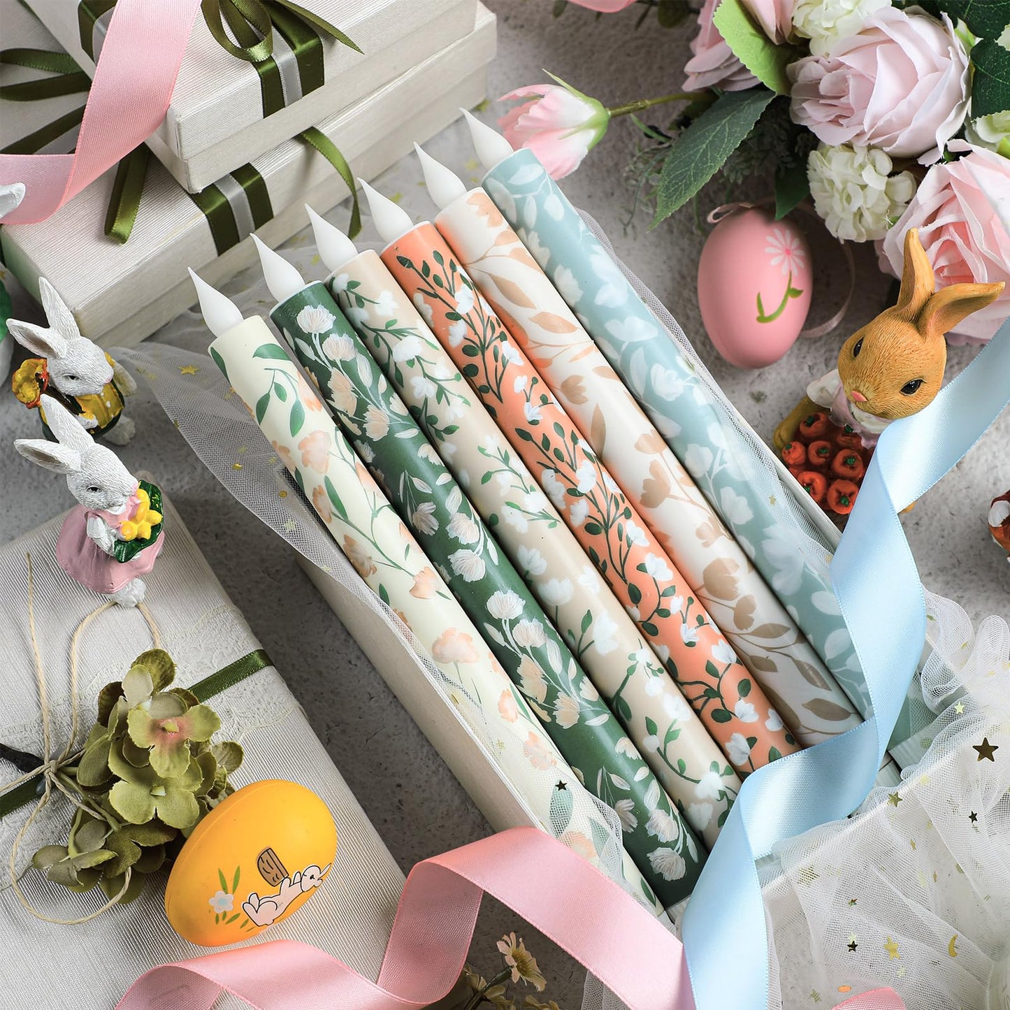 Honoson 6 Pcs Mother's Day Flameless Taper Candles 10.6 Inch Pastel Spring Flower Candles Battery Operated LED Candlesticks for Mother's Day Dinner Table Home Party Decor
