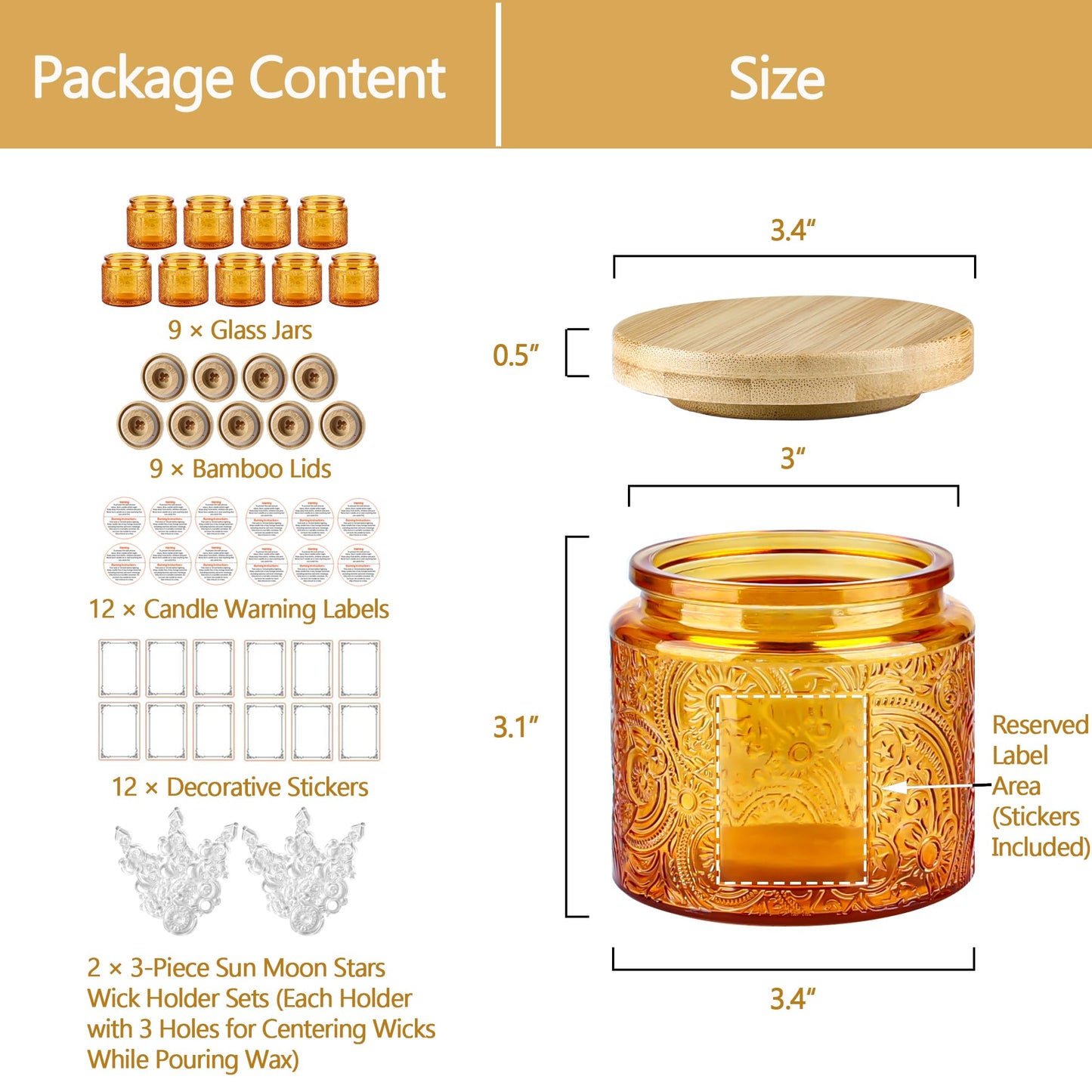 10 oz Embossed Glass Candle Container with Bamboo Lids and Labels, Clear Candle Jars for Making Candles, Sun Moon Stars Design - Pack of 9 (Orange)