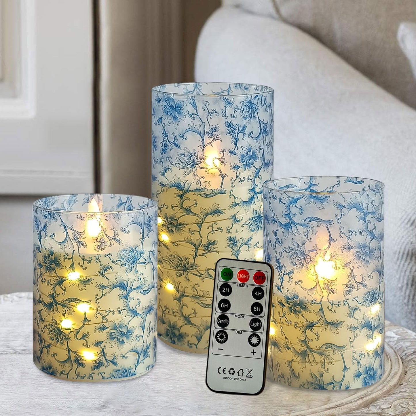 NjaoHoo Flickering Flameless Candles, Recessed String Light LED Candles 3D Wick Acrylic Battery Operated LED Pillar Candles with Remote and Timer for Modern Simple Home Decor Set of 3(Blue Twig)