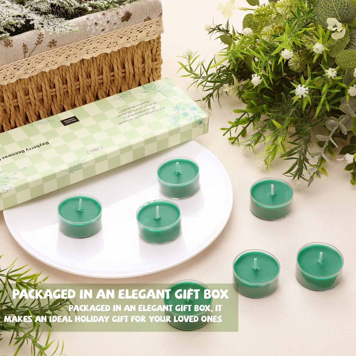 Nuanchu 12 Pcs Bayberry Scented Candle Christmas Green Votive Tealight Beeswax Blend Tealight Wax Green Bayberry Scented Wax Gift Box for Christmas Holiday
