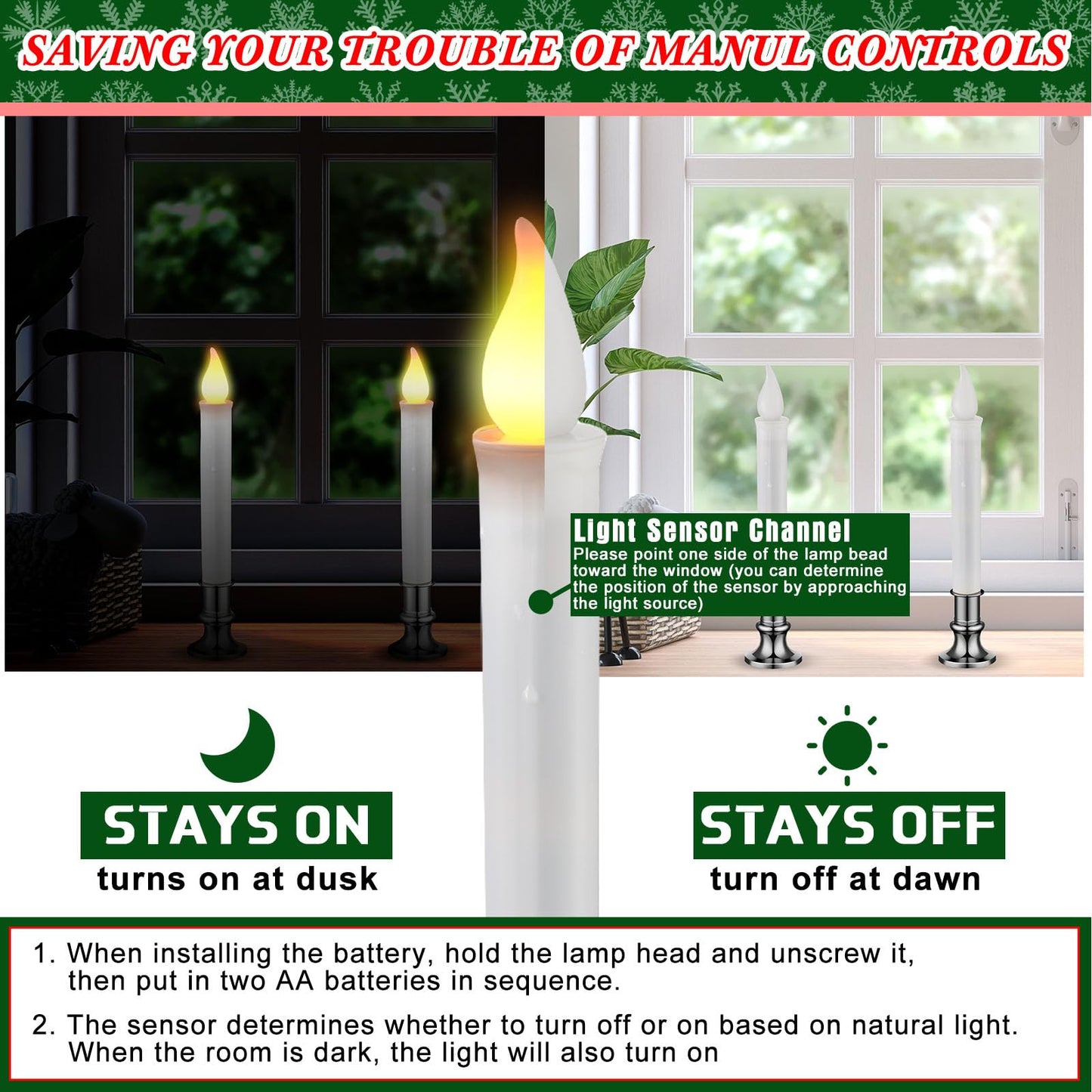 Baquler 8 Pcs Christmas LED Window Candles with Sensor Dusk to Dawn Light Sensor 9.37 Inches Cordless Flameless Battery Taper Candles with Flickering Amber Flame for Xmas Home Decor(Silver)
