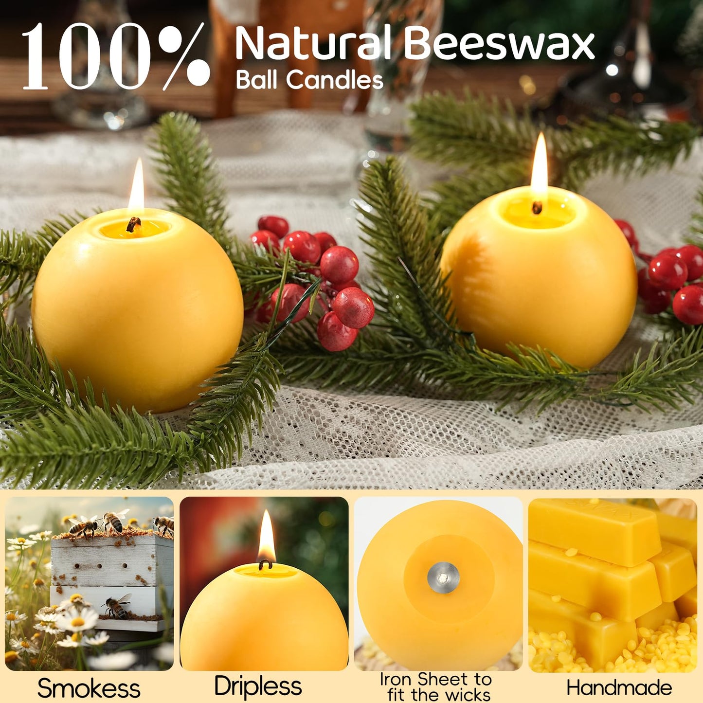 4 Pack Beeswax Round Candles,3 in Hand-Poured Natural Beeswax Candles- 120 H Long Burning Elegant Bees Wax Candles for Home,Non Toxic,Unscented Dripless Smokeless Beeswax Candle
