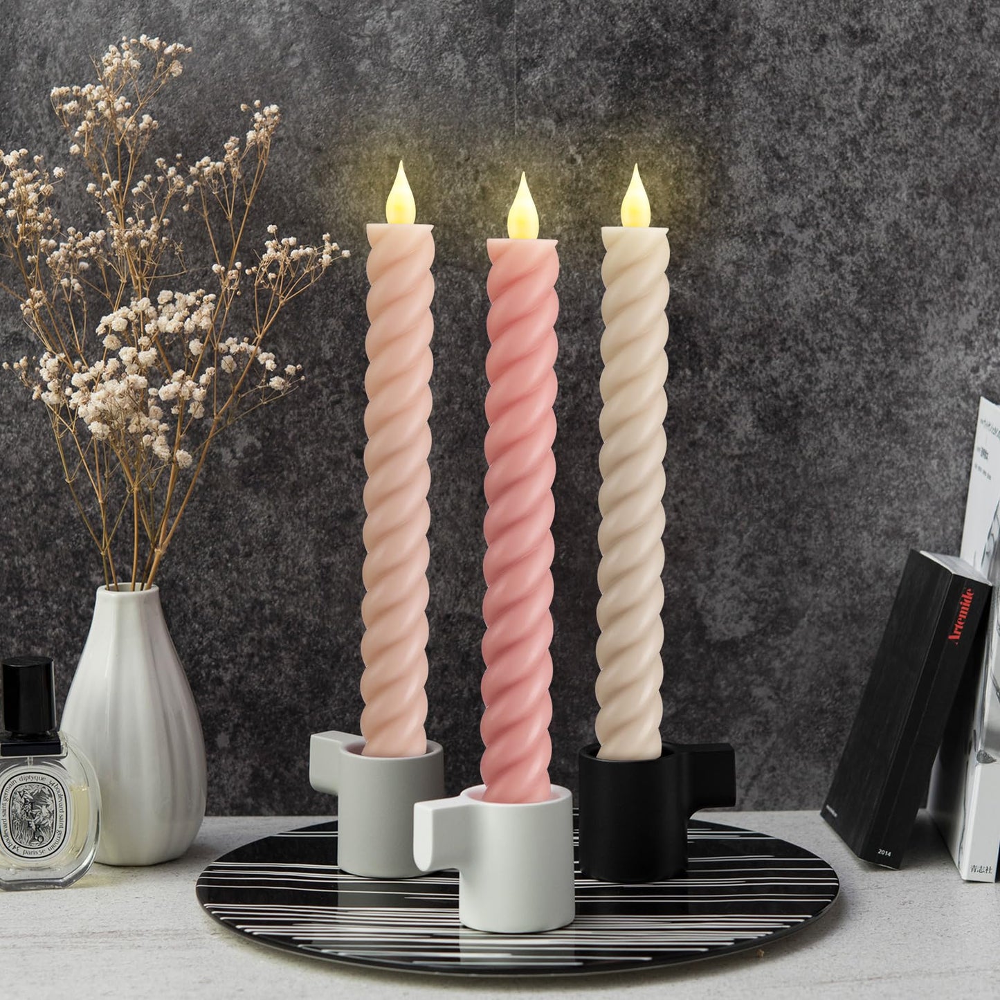 Baquler 6 Pcs Pastel Pink Flameless Taper Candle Twisted LED 9.65 Inch Taper Candles Battery Operated Spiral Candlesticks for Valentine Wedding Birthday Home Party Holiday Dinner Fireplace