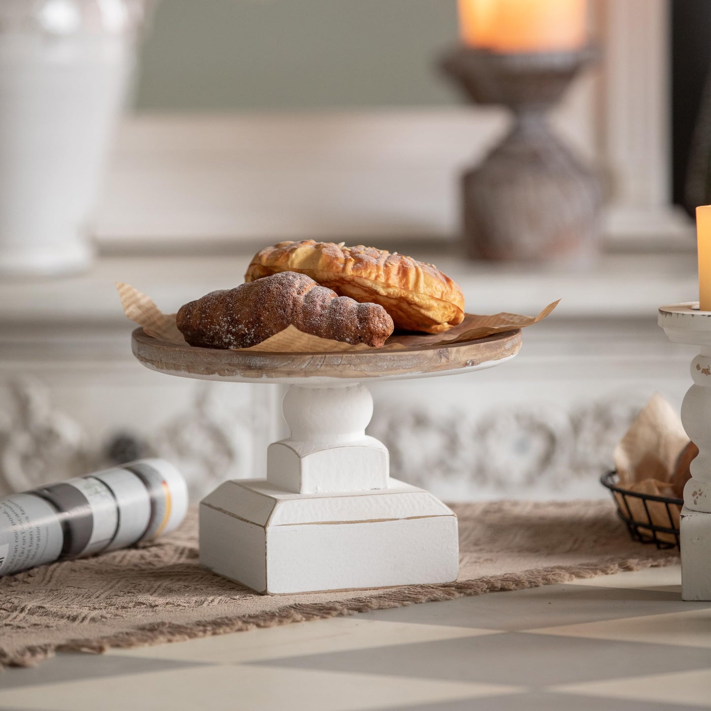SOFE Round Wood Cake Stand Rustic - 9 Inch White Cake Pedestal Stand - Cake Plate Stand Display Riser for Dessert Table - Candle Holder Tray for Birthday, Parties, Wedding