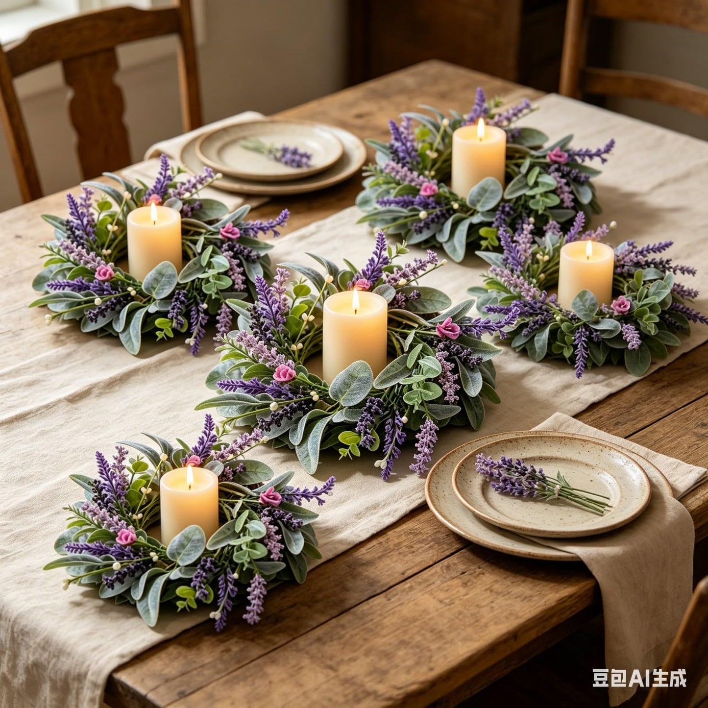 8 pcs Mini Lavender Candle Rings Wreaths Purple Daisy Pillar Holder Wreath Artificial Wild Flower Spring Summer Floral Wreath for Farmhouse Porch Cabinets Table Decoration