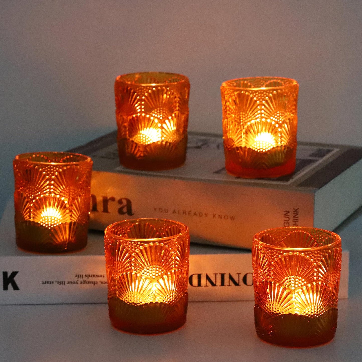 Woho 12Pcs Amber Votive Candle Holders, Glass Amber Candle Holder for Fall Wedding, Boho Tea Lights Candle Holder for Halloween Thanksgiving Centerpieces Table Decoration