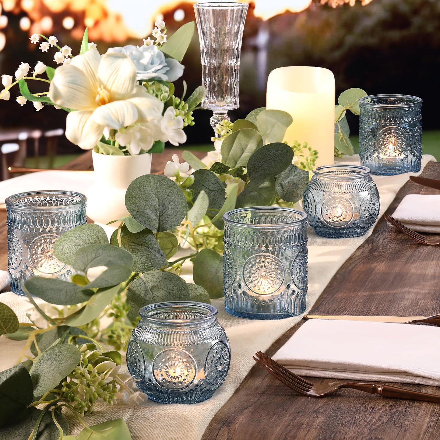 DARJEN Blue Votive Candle Holder Set of 20, Upgraded Size Tea Light Candle Holder Glass for Wedding Table Centerpieces, Elegant Bulk Votive Holders for Party, Proposals and Wedding Shower