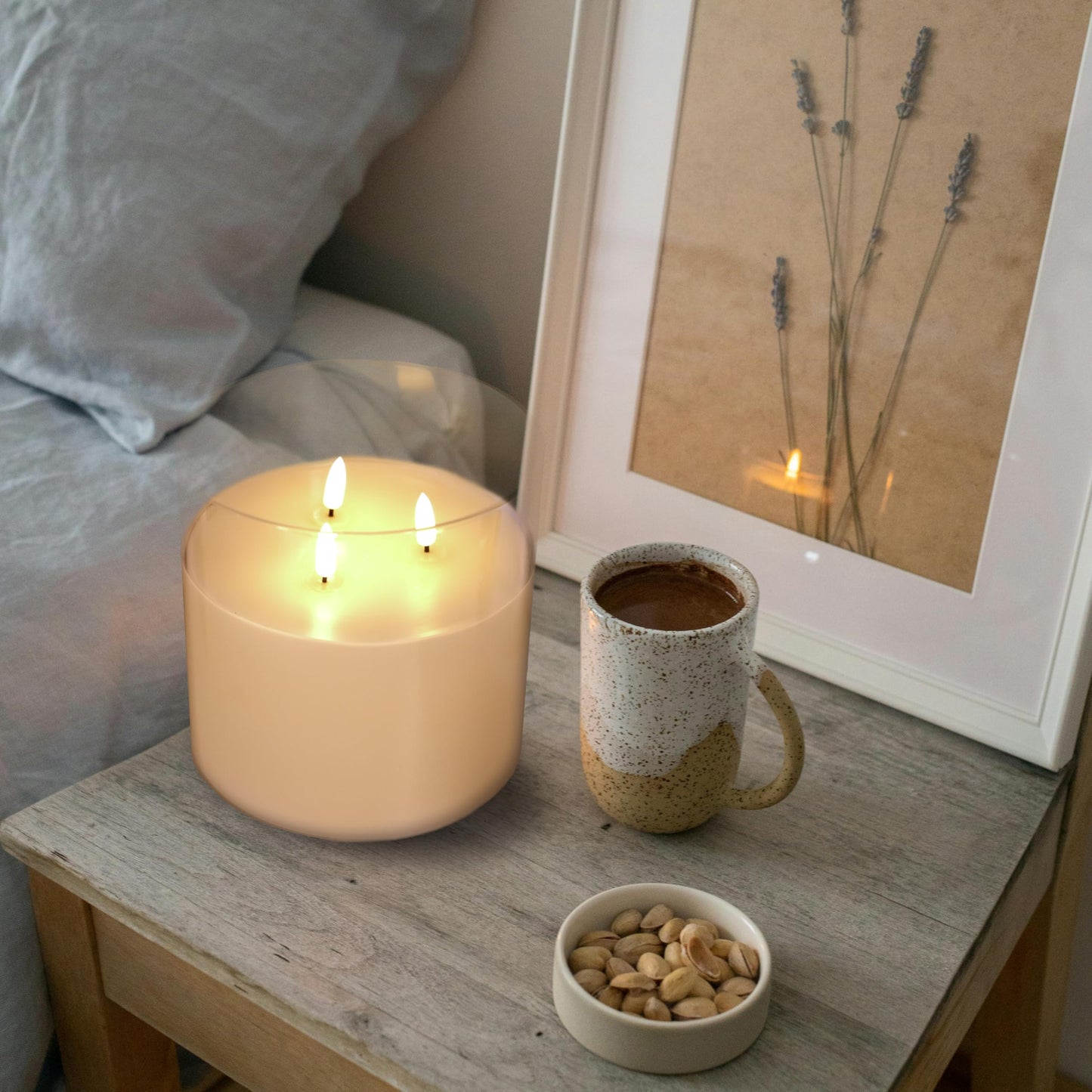 NICEME Extra Large 3 Wick Battery Operated Candle, 6"x6" Big Clear Glass Flameless Candles with Remote, Real Wax Flickering Led Pillar Fake Giant Candle for Wedding Party Holiday Home Decor, White
