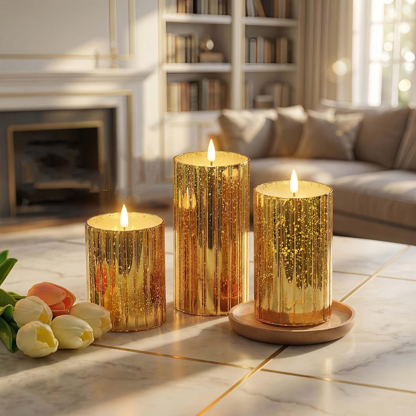volnyus Gold Glass Flameless Candles Set - 3 Pack(Φ 3" H 4" 5" 6") with Remote,Battery Operated Flickering LED Pillar Candles,Starscape LED Night Lights for Christmas,Home Decor