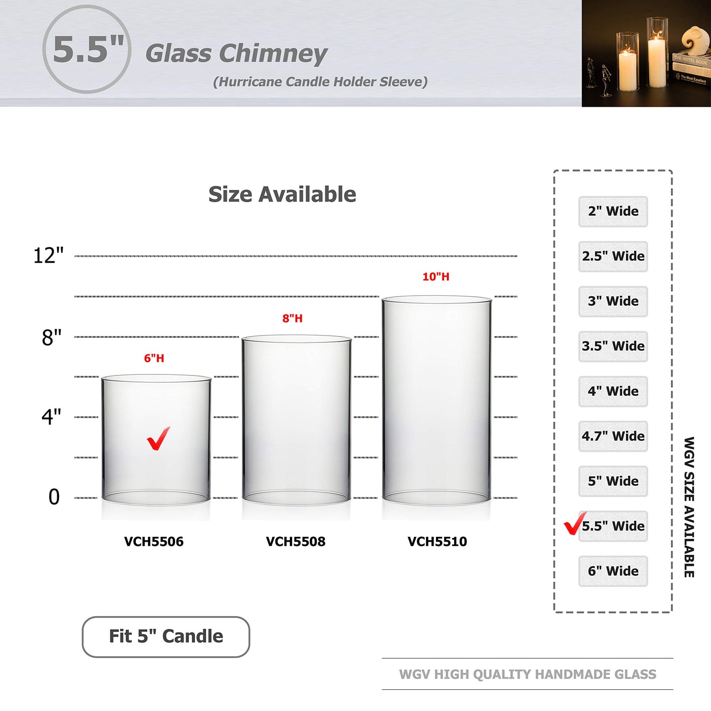WGVI Hurricane Candle Holder Sleeve, Wide 5.5", Height 6", Clear Glass Cylinder Candleholder, Chimney Tube, Open Ended Candle Shade, 1 Piece