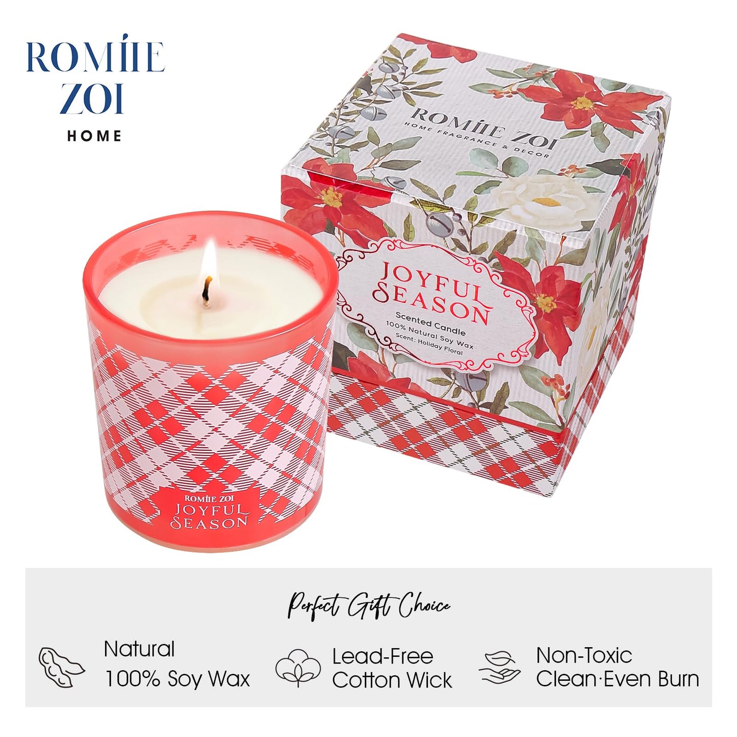 ROMIIE ZOI Christmas Scented Jar Candle - 6oz Soy Wax Candle - Joyful Season Infused with Holiday Floral Aroma - with Beautiful Keepsake Box Special for Christmas/Holiday Gifts