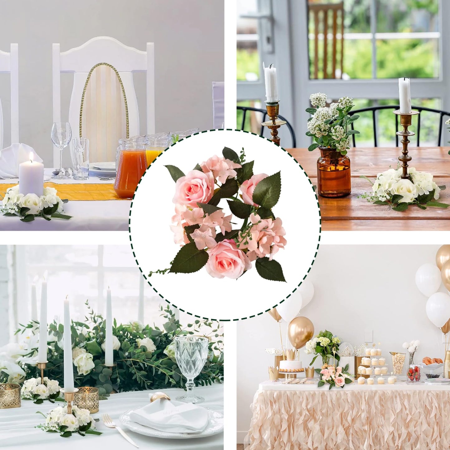 Candle Rings Wreaths 4 Inch Center Artificial Rose Candle Wreath Silk Flower Christmas Rings for Wedding Centerpiece Party Home Table Decor Style 2