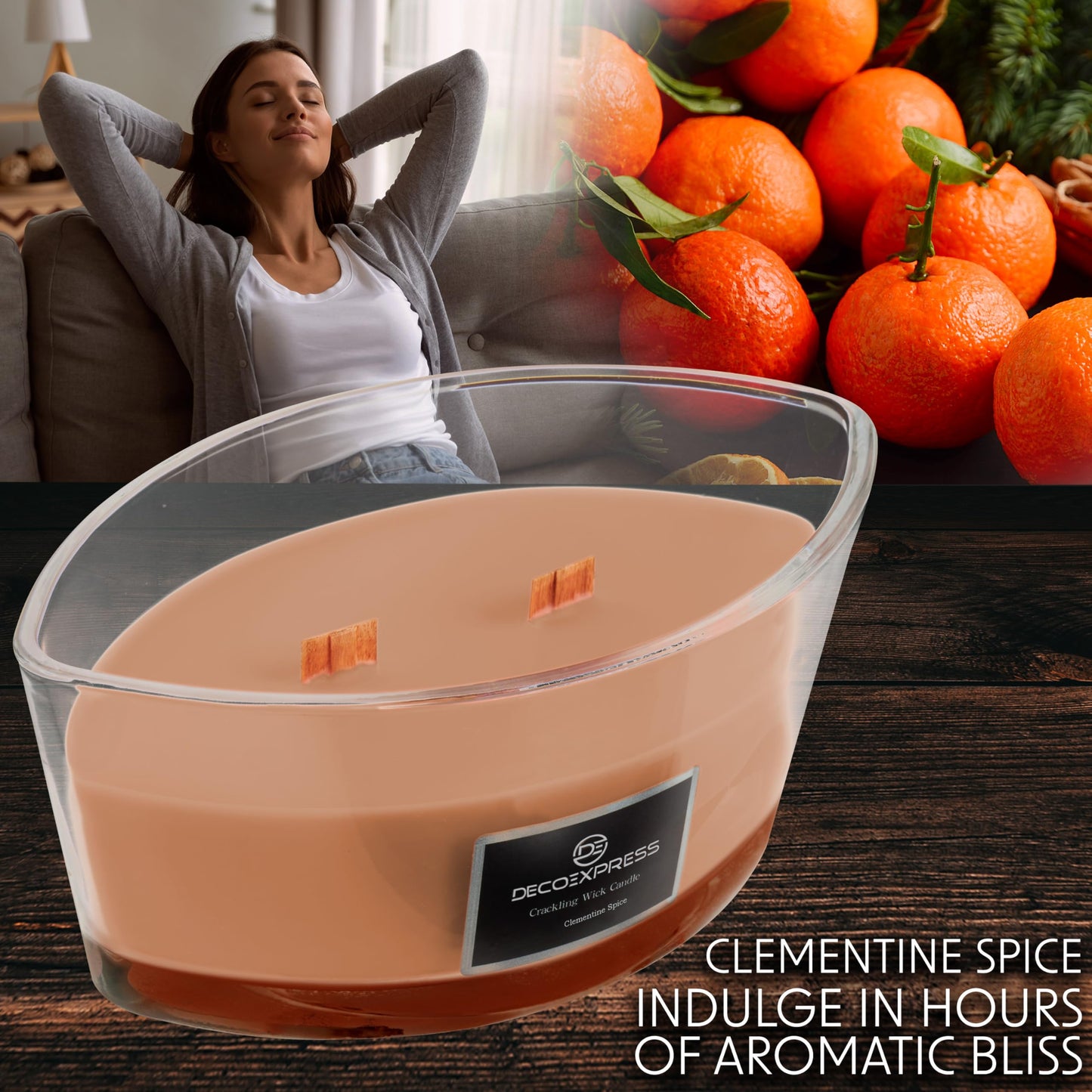 DECO EXPRESS Scented Candles, Crackle Double Wick Candles, Long 50 Hours Burn Time, Home Decor & Gift Ideas (Clementine Spice)