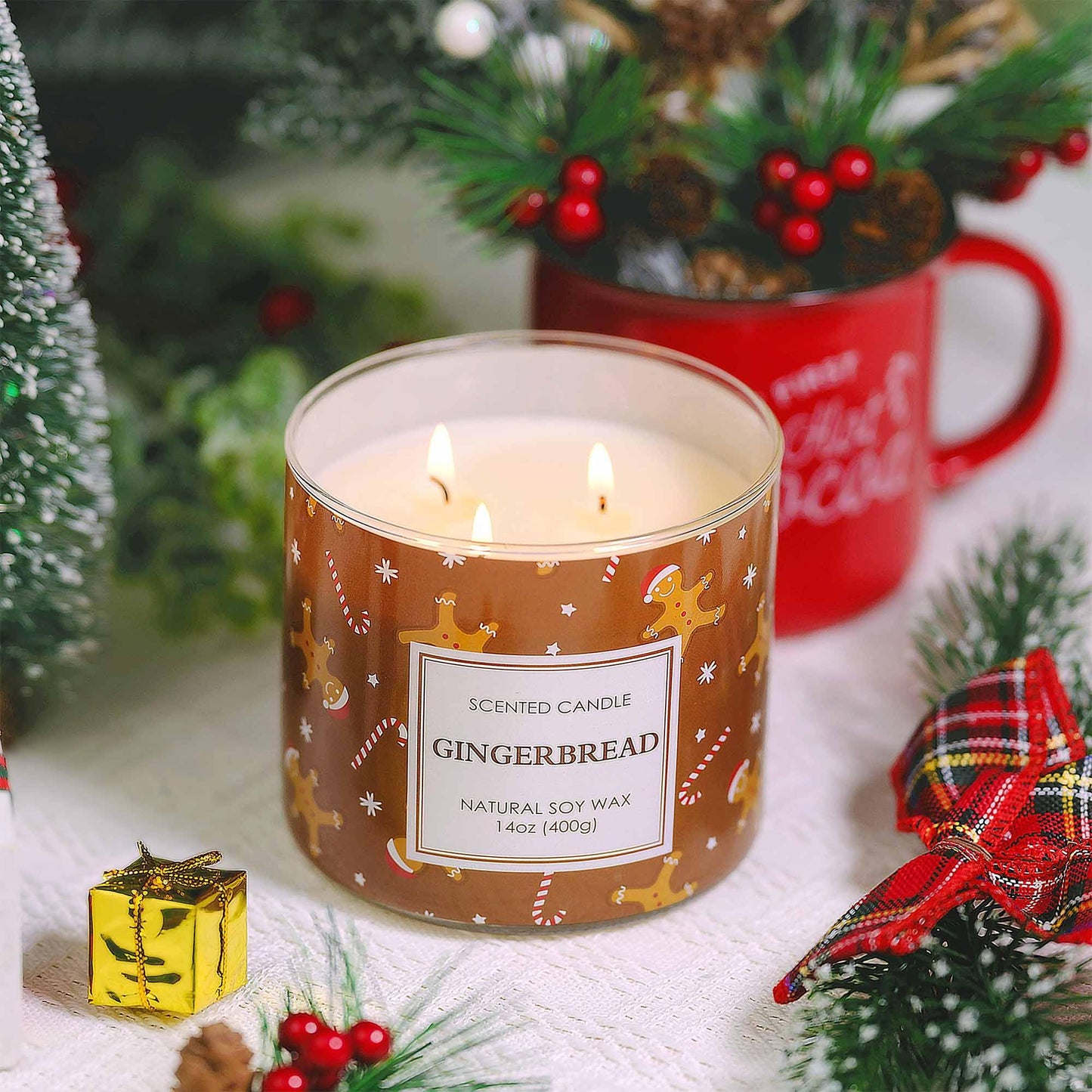 Christmas Candle, Christmas Gingerbread Candles, Candle Gifts for Women Xmas Decorations, Large 3 Wicks Scented Candle for Xmas, 14 oz Soy Wax Candle