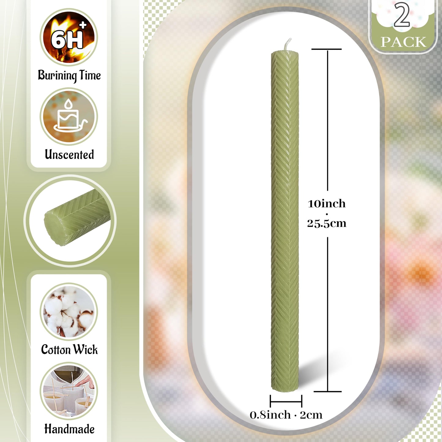 Ribbed Taper Candles Unscented Grass Green Candlesticks 10 Inch Handmade Long Candle Smokeless Texture Candle Sticks for Dinner Weddings Decoration Gifts Set of 2