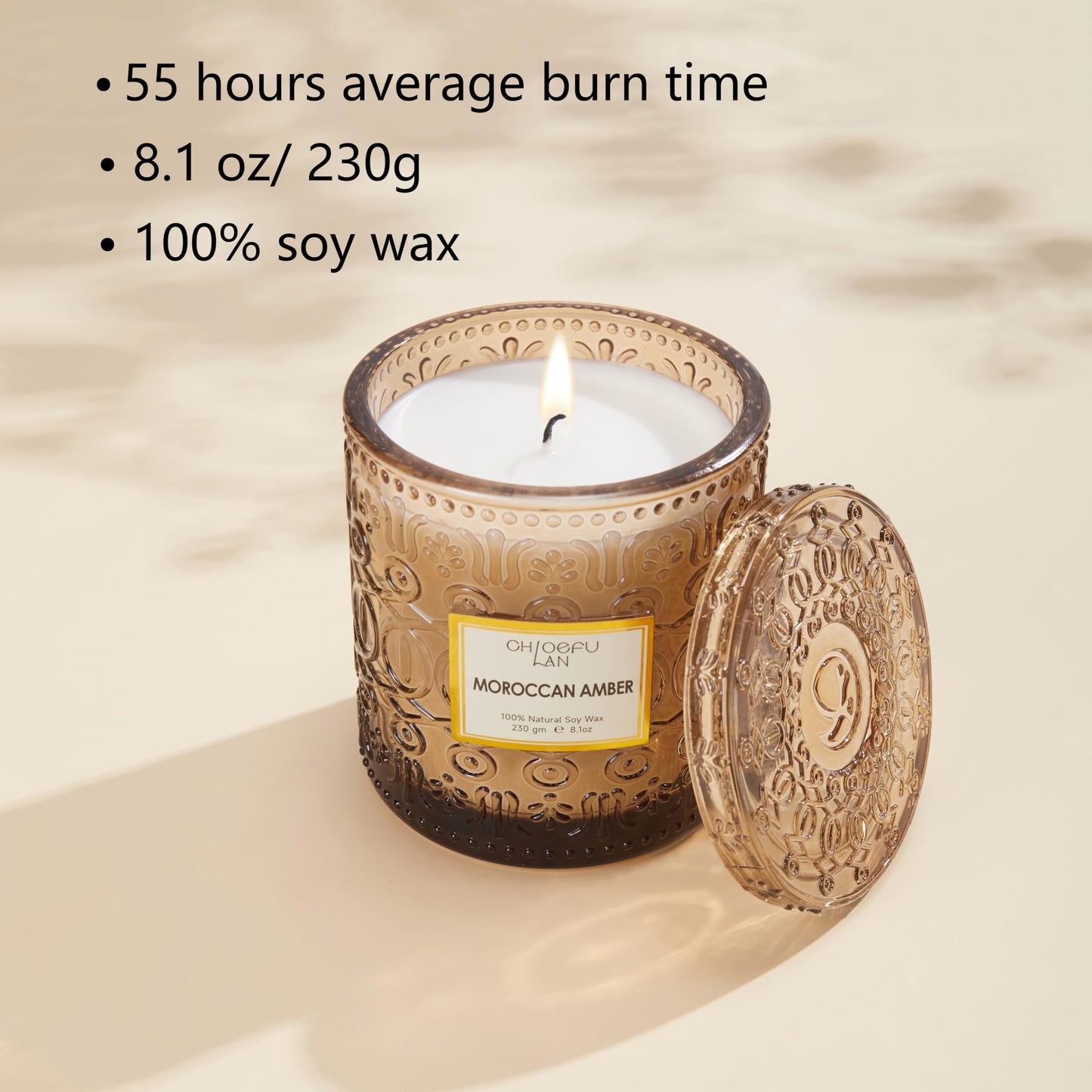 Chloefu LAN Amber Candles for Home Scented, Gifts for Women & Men, Luxury Glass Jar Candle, Natural Soy Wax, Home Decor, 55 Hours Long Burning, 8.1 oz