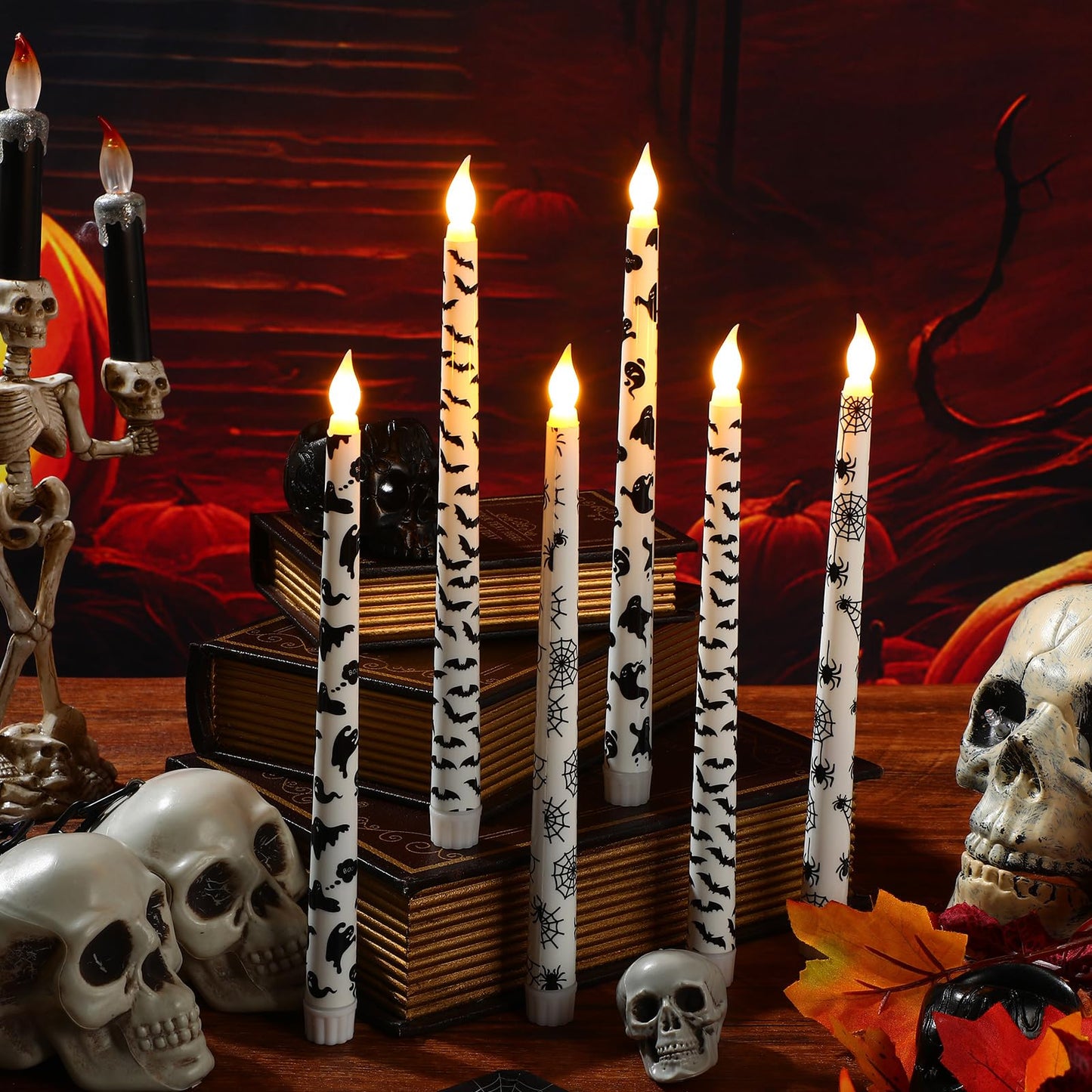 Kittmip 6 Pcs Halloween Flameless Taper Candles 11 Inch Long Spider Web Bats Ghosts Battery Operated LED Candles Table Centerpiece for Spooky Party Table Decor