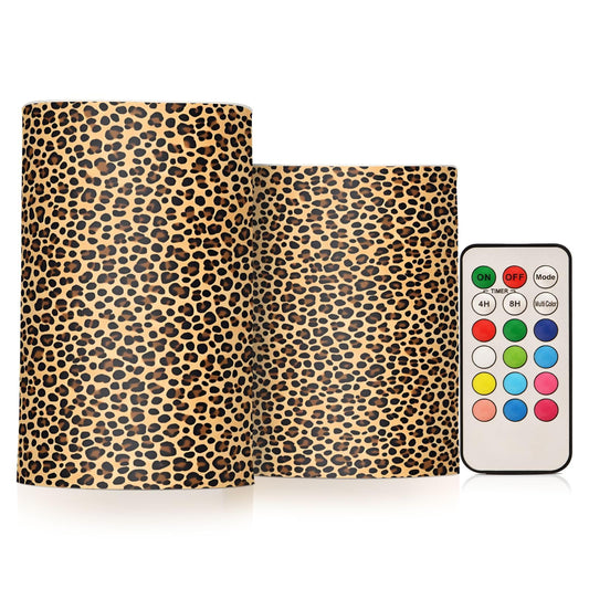 panksolu Flickering Flameless Candles, Brown Leopard Print LED Candles with Remote Timer, Battery Operated Candle for Wedding Halloween Christmas Decor - Set of 2