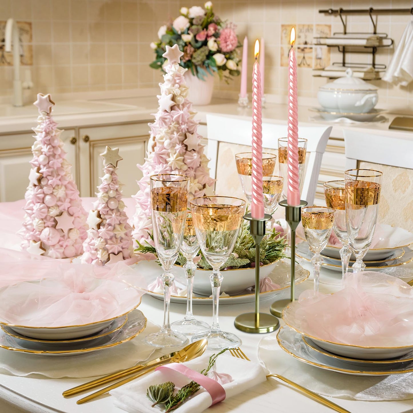 10 Inch Metallic Pink Spiral Taper Candles Set for Holiday Decor, 12 Pack Unscented Twisted Candlesticks, Dripelss Thin Tapered Candles for Wedding Dinner Holiday