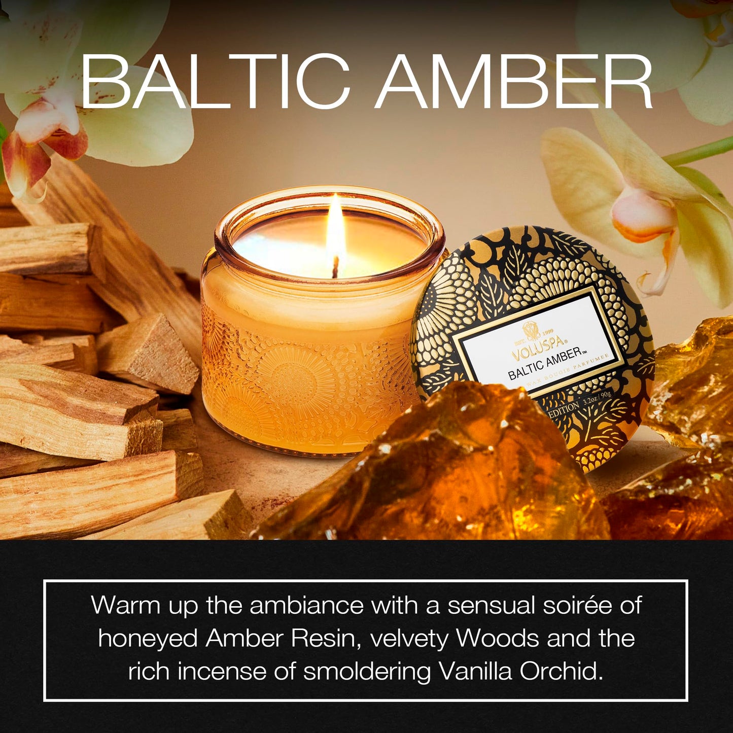 Voluspa Baltic Amber, Petite Candle Jar, 3.2 Ounce, 25 Hour Burn Time, Coconut Wax for Clean Burning, Handcrafted in the USA