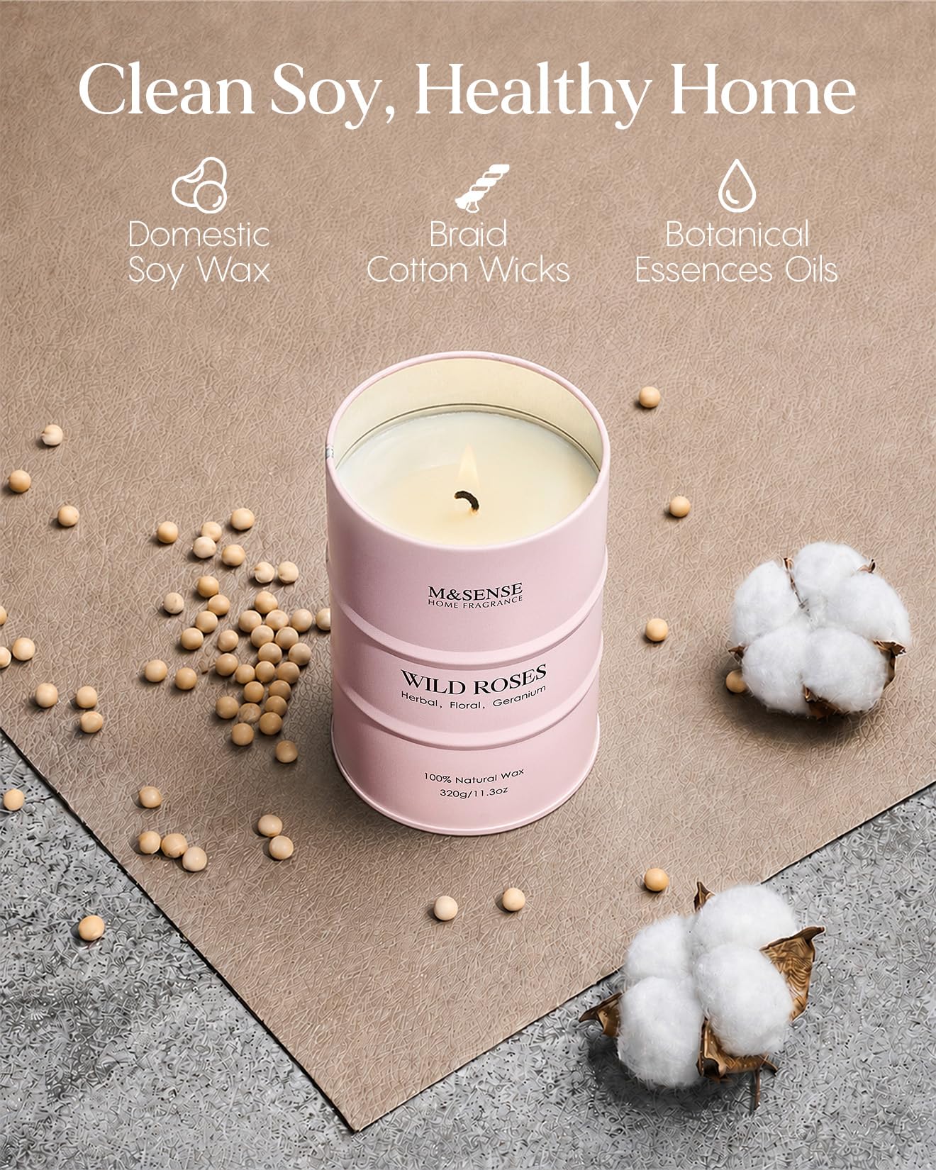 M&SENSE Wild Rose Natural Scented Candle, 70 Hours Long Lasting Soy Candles 11.3oz, Stress Relief Aromatherapy Candles for Women, Romantic Candle Gifts Valentines Day Gifts