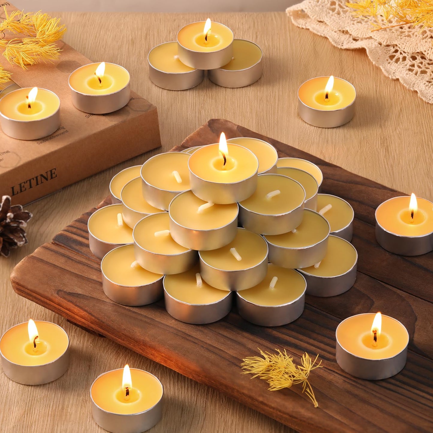 50 Packs Beeswax Tealight Candles, Pure Beeswax Candles Tea Lights Candle, Natural Organic Tealights Unscented Smokeless Clean Burning with 4 Hour Burn Time