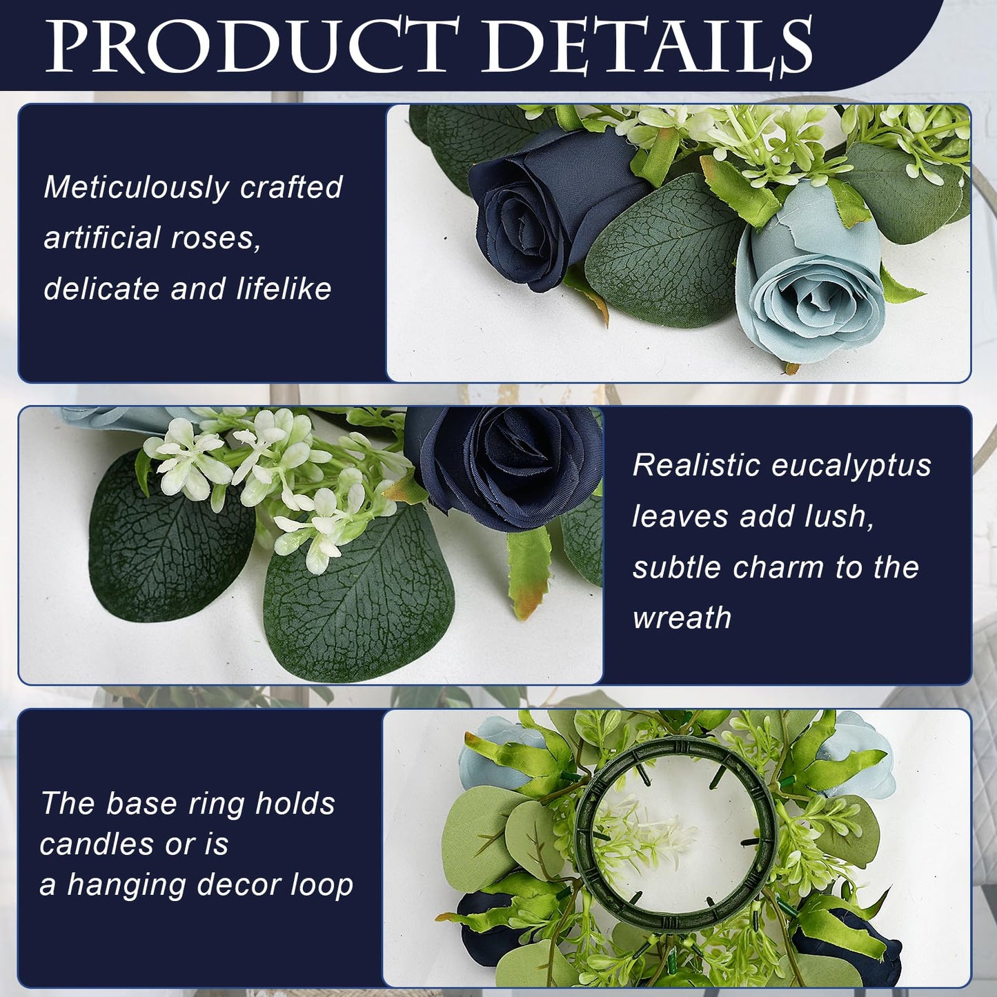 Tobilu 6 Sets Rose Rings Wreaths with LED Candles - Artificial Roses Eucalyptus Wreath Wedding Centerpiece for Wedding Bridal Shower Banquet Table Decor - Navy Blue