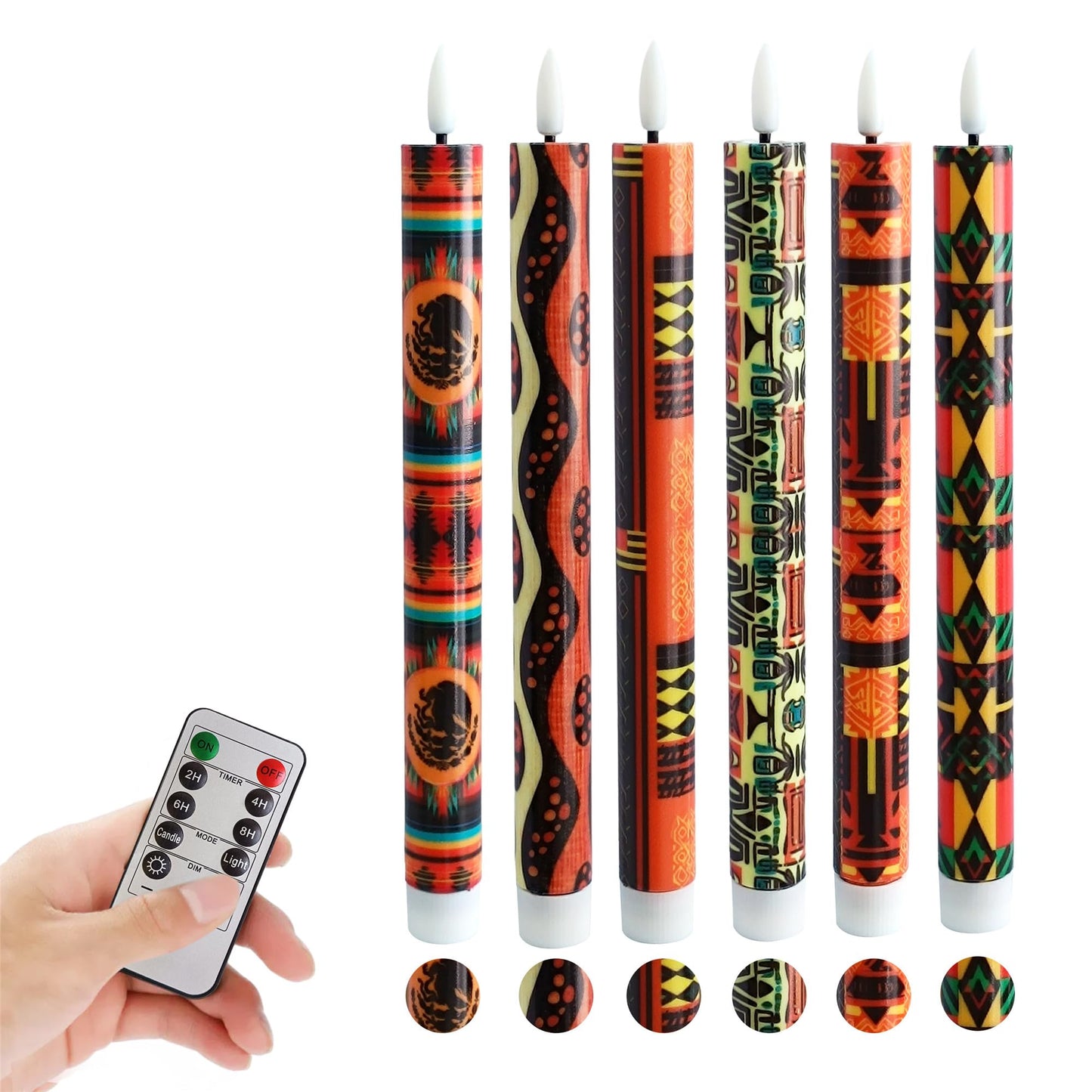 Gedengni African LED Candles Flameless Candlesticks-6pcs Timer Traditional Tribal Battery Operated Candle Remote Floral LED Taper Candles Lights for Home Wedding Party Dinner Windows Decor-P6AFRI