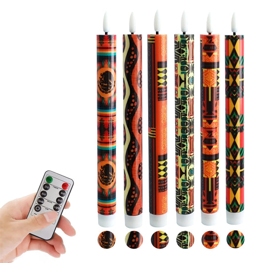 Gedengni African LED Candles Flameless Candlesticks-6pcs Timer Traditional Tribal Battery Operated Candle Remote Floral LED Taper Candles Lights for Home Wedding Party Dinner Windows Decor-P6AFRI