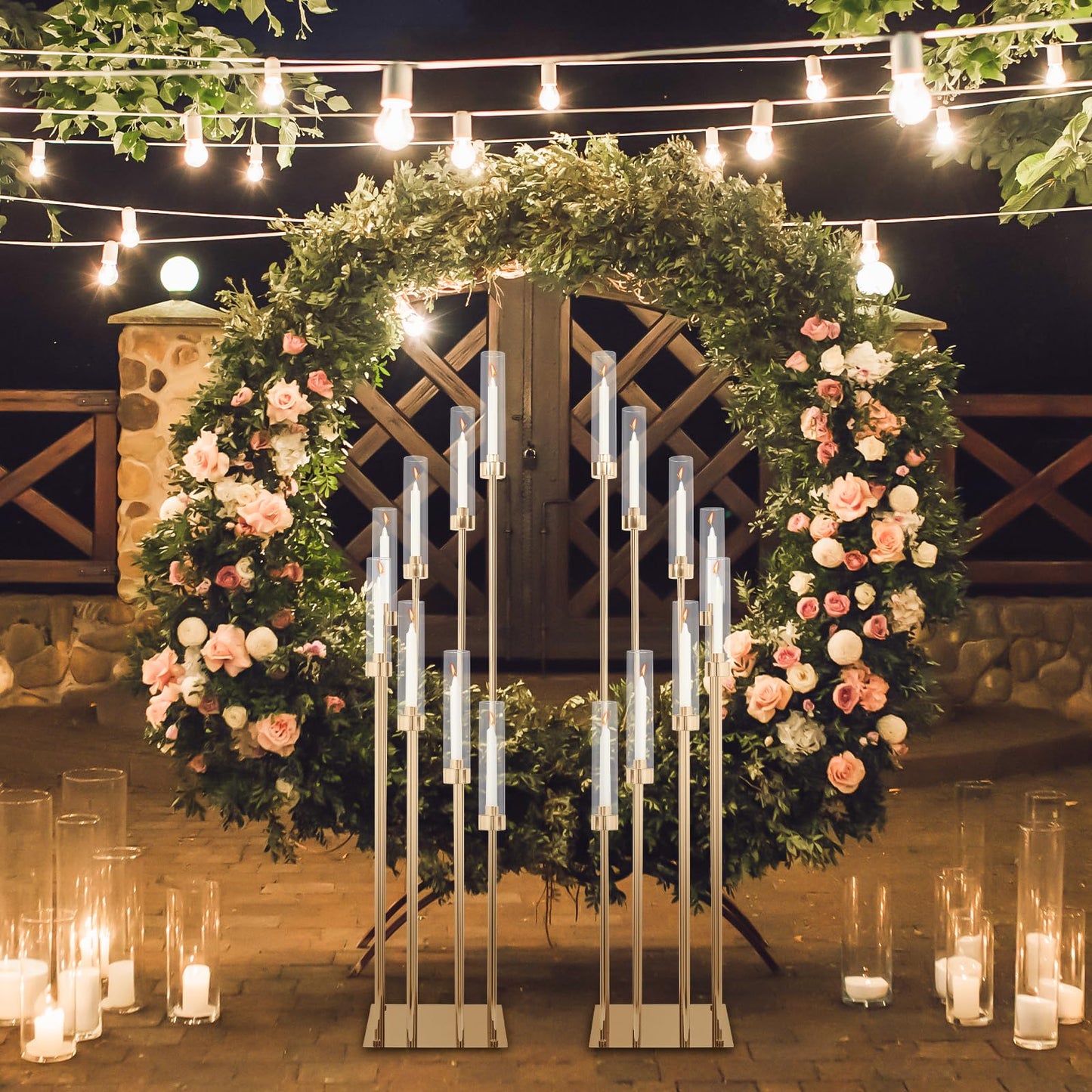 2 Sets Gold Candelabra,8 Arm Candlestick Holders with Acrylic Shades, 44'' High Large Floor Candle Holders for Wedding Centerpieces Table Decorations Fit 0.9" Candles and LED Taper Candles