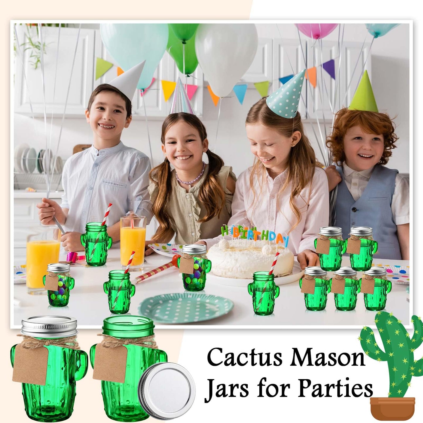 Maxcheck 24 Sets 3oz Cactus Mason Jars Shot Glasses with 24pcs Shot Glasses 24pcs Silver Lids 30pcs Straw, Glass Cactus Decor Favor Jars for Weddings, Decoration Parties DIY Drink Dessert Candle Craft