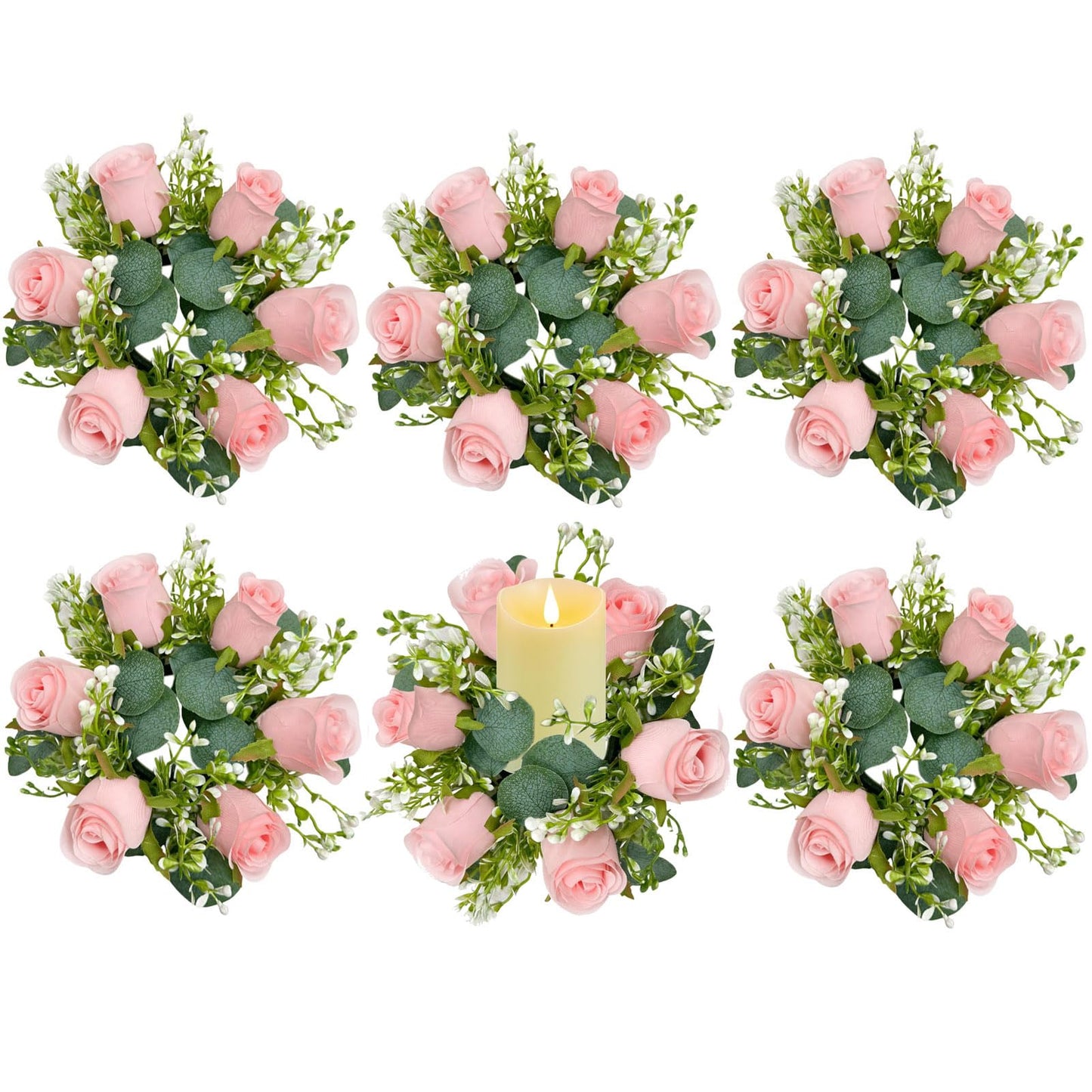 tyoungg 6 PCs Artificial Pink Rose Eucalyptus Pillar Candle Rings Wreath Weddding Banquet Reception Table Centerpiece Spring Home Decor (6, Pink)
