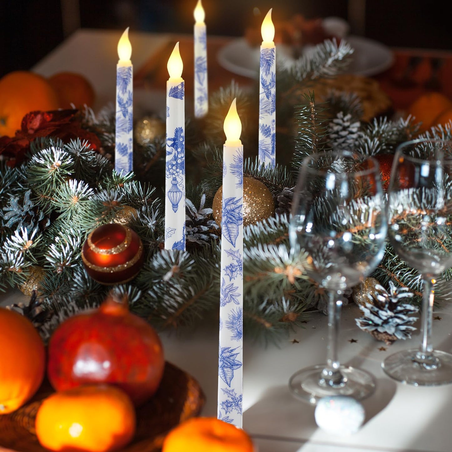 Kittmip 6 Pcs Christmas Blue White Flameless Taper Candles 11 Inch Chinoiserie Battery Operated LED Candlestick Holly Mistletoe Floral Table Centerpiece for Xmas Winter Holiday Party Decoration