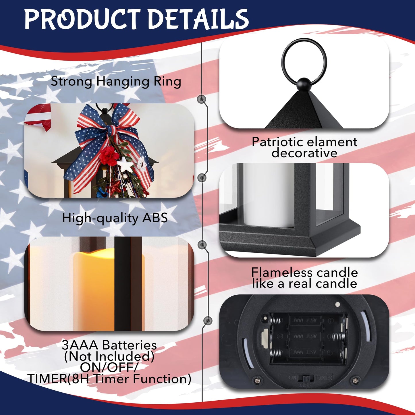 JOHUNT Patriotic Lanterns Decorative Indoor, 14" Black Lantern with Timer Flameless Candle, Battery Operated Waterproof Outdoor Hanging 4th of July Lanterns for Porch, Patio, Patriotic Decorations