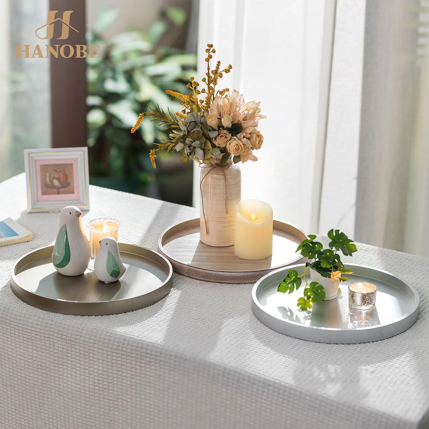 Hanobe Candle Plate Holder Tray: Whitewash Round Wood Candle Plate Decorative Centerpiece Small Tealight Pillar Trays for Living Room Dining Coffee Table Home Decor