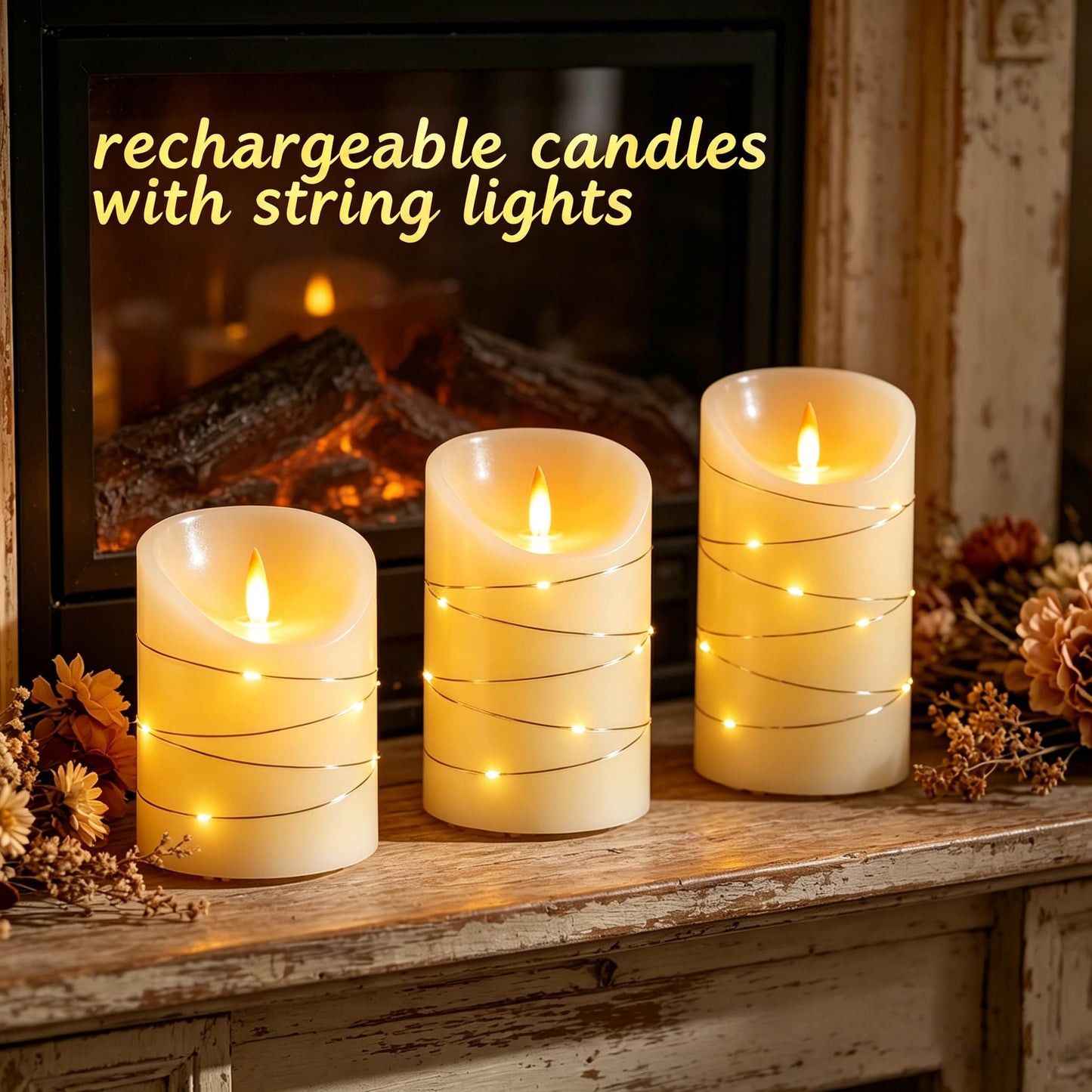 haitanghua Rechargeable Flameless Candles Set of 3, Real Wax LED Pillar Candles with Flickering Flame & Fairy String Lights, USB Rechargeable, Remote Control & 2/4/6/8H Timer, Ivory