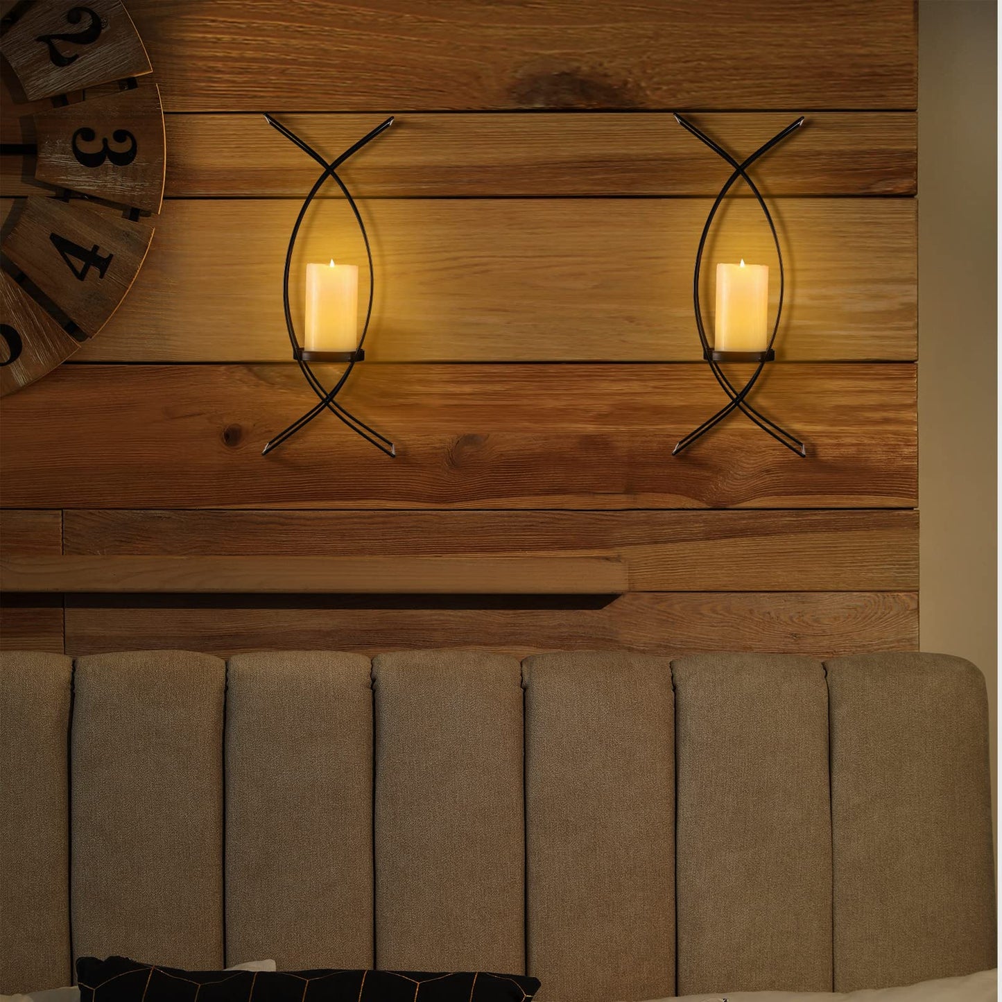 Vesici Candle Sconces Set of Two Metal Wall Candle Holder Wall Mounted Sconces Decorative Iron Holder for Living Room Bedroom Dining Room Decorations(Black)