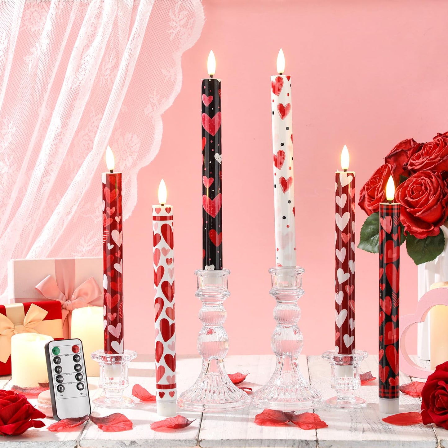 Aurelema 6 Pcs Valentines Day LED Flameless Candle Set Valentine Day Flameless Taper Candles with Heart Battery Operated Seasonal Celebration with Remote for Wedding Romantic Night