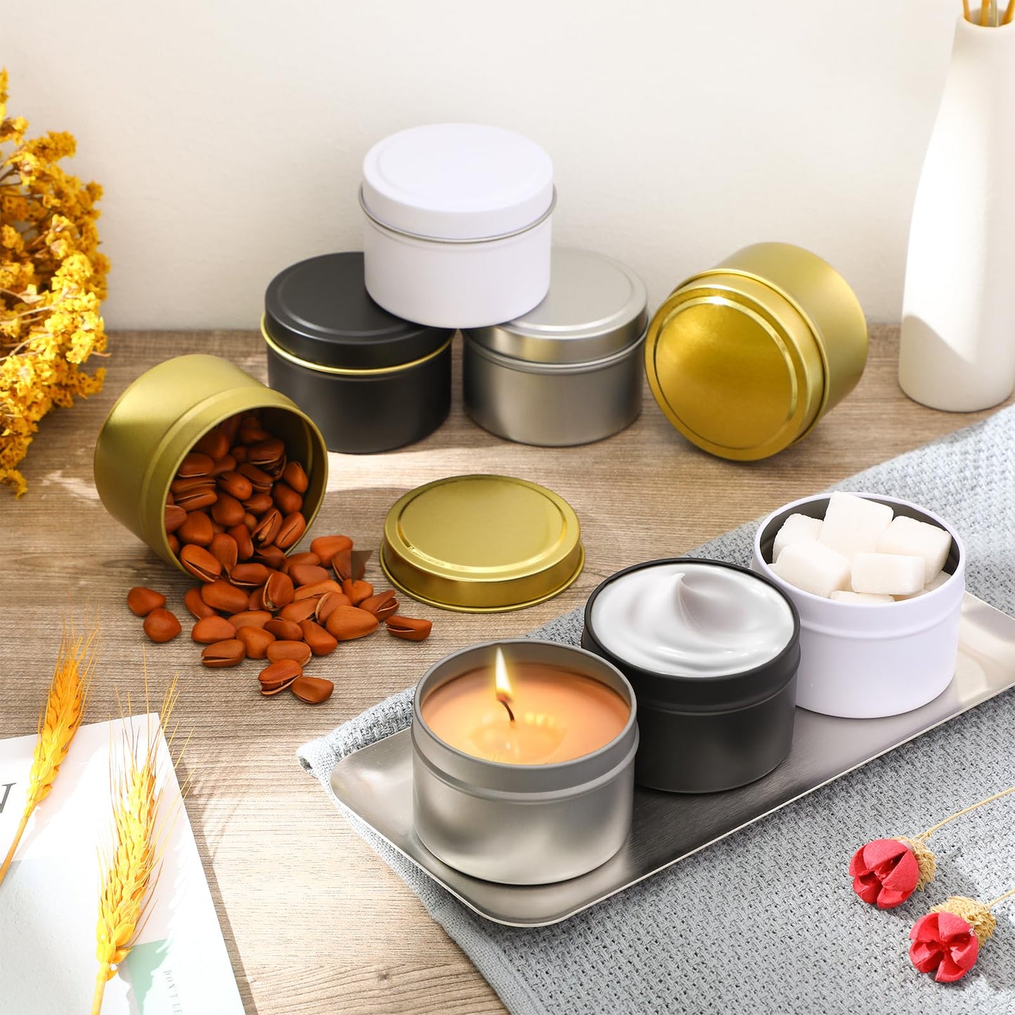 Moxweyeni 100 Pcs 4oz Candle Tins with Lids DIY Metal Wax Container Tins Bulk Empty Round Containers for Candle Making, Salves Candy Favors, Spices, Crafts, Christmas Gifts (4 Colors)