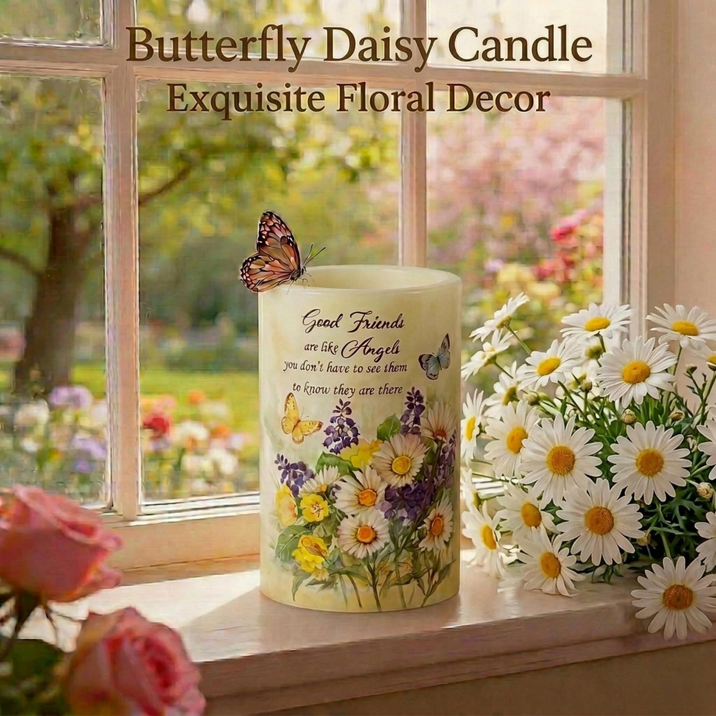 Real Wax Flameless Candles 4x6, Butterfly Daisy LED Pillar Candle with Timer, Battery Operated Flickering Candle, Spring Floral Table Decor, Romantic Home & Wedding Centerpiece, Gift for Women Mom
