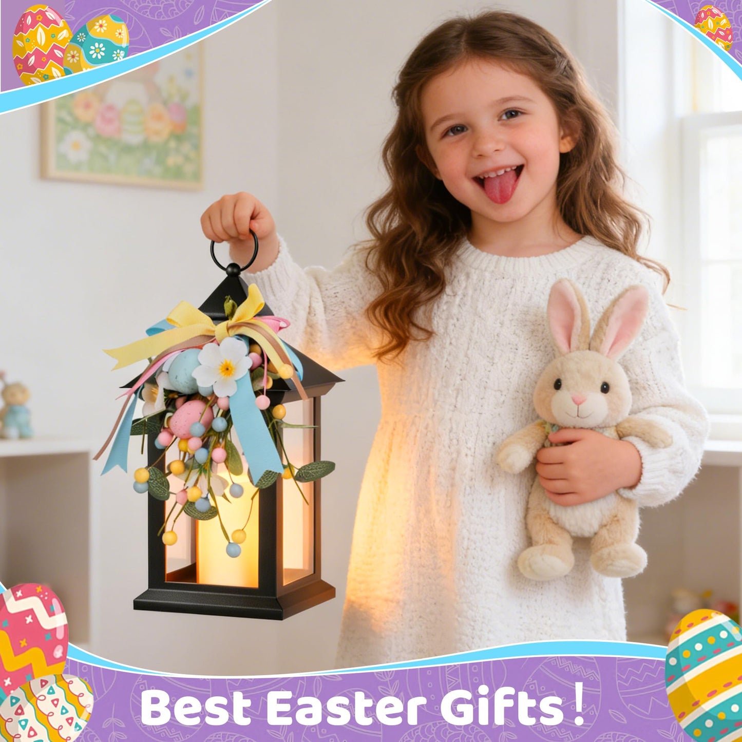JOHUNT Easter Decorative Candle Lanterns, Battery Operated with Timer, 2 Pack Black Easter Egg Lanterns, 14" Waterproof Hanging Lanterns for Porch, Patio, Wedding Spring Decor