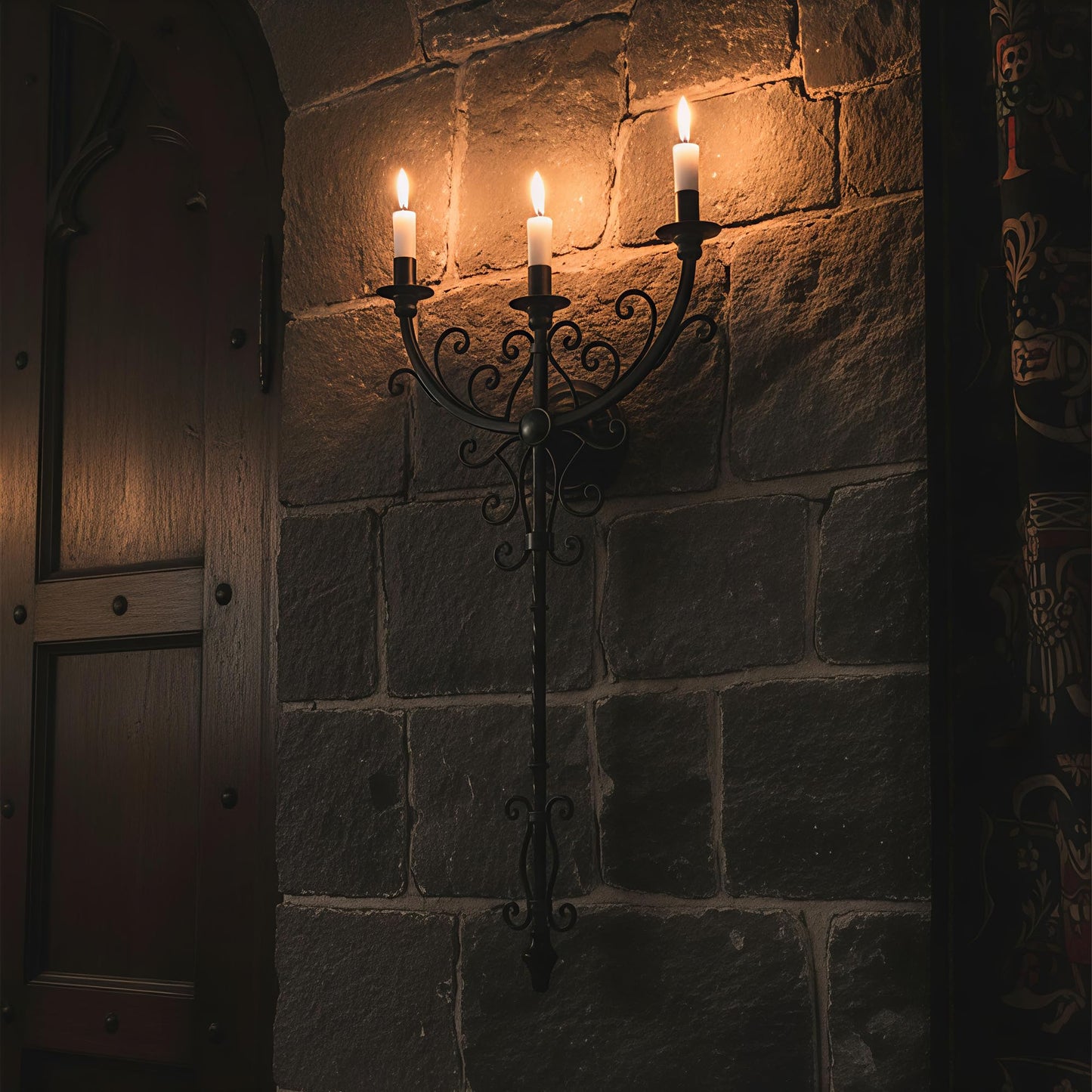 WOPARTY Black Iron Candle Sconces Gothic Wall Candle Holder - Extra Large 28" Medieval 3-Candle Wall Mounted Candlestick for Castle Theme, Halloween, Living Room, Dining Room
