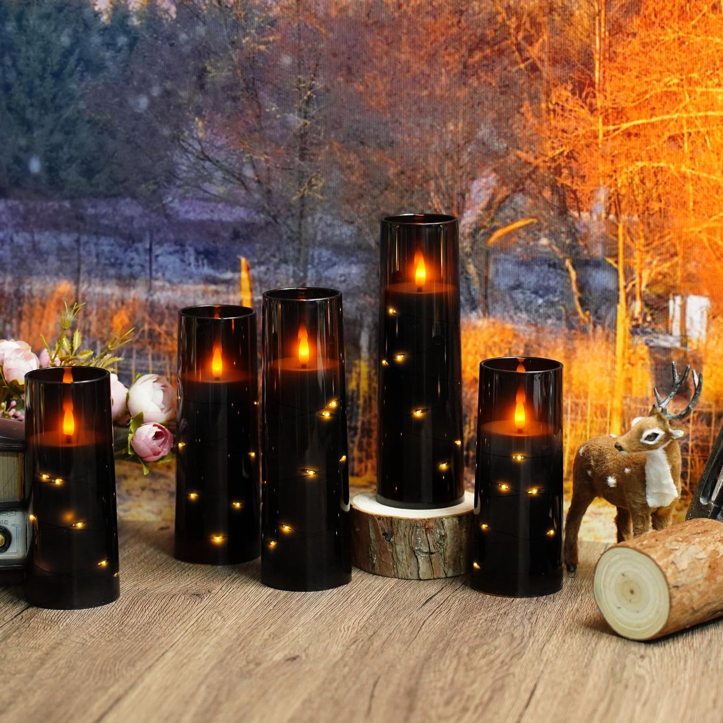 Flameless Candles,with Embedded Star String, Battery Operated Candles Flickering LED Pillar Candles with Remote Control and Timer, Home Decoration Add a Warm and Romantic Atmosphere，Set of 7 (Black)