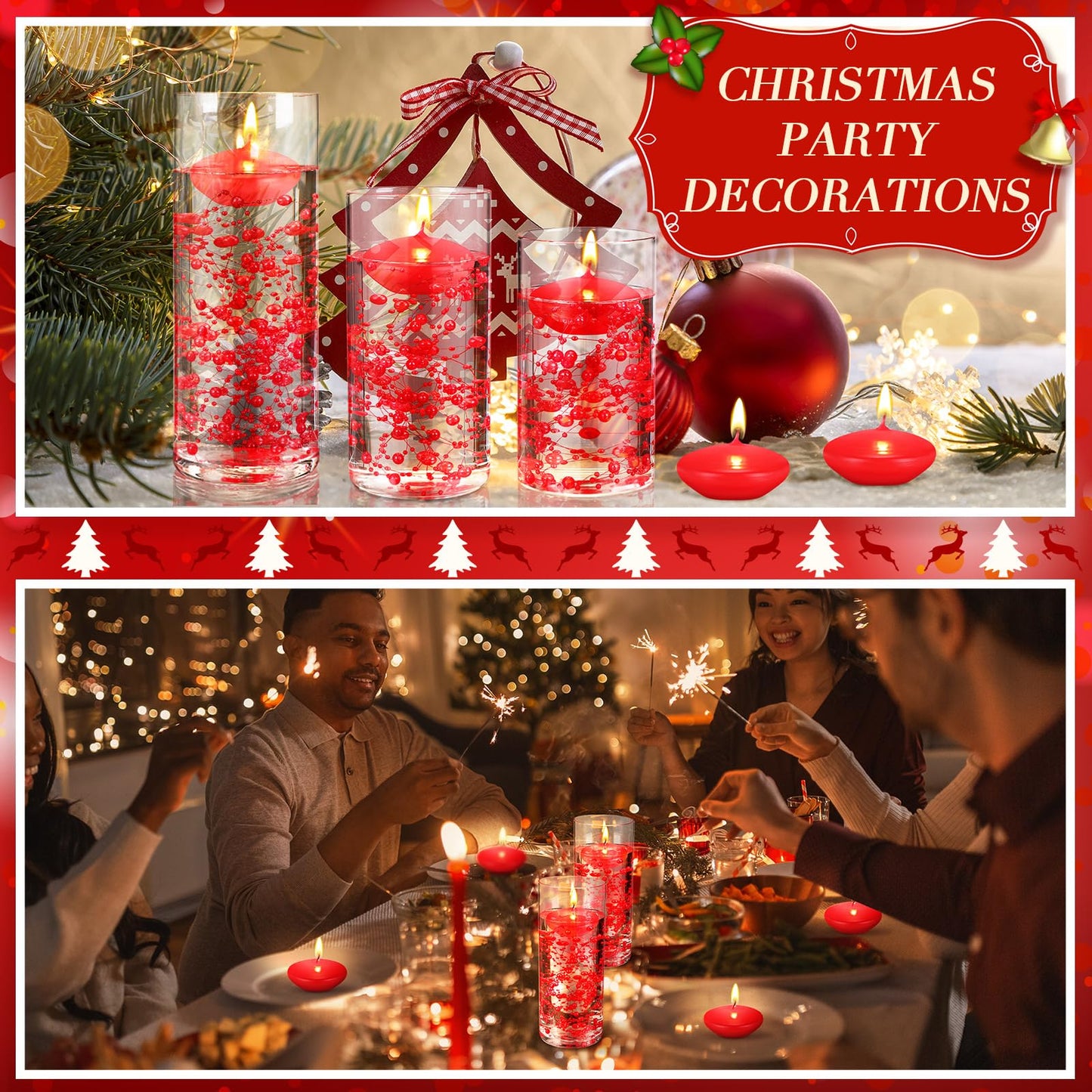 Fumete 40 Pcs Red Floating Candles with Pearl Strings for Wedding Centerpieces, Radiant Unscented Water Floating Tealights for Romantic Dinner, Party, Anniversary Decor